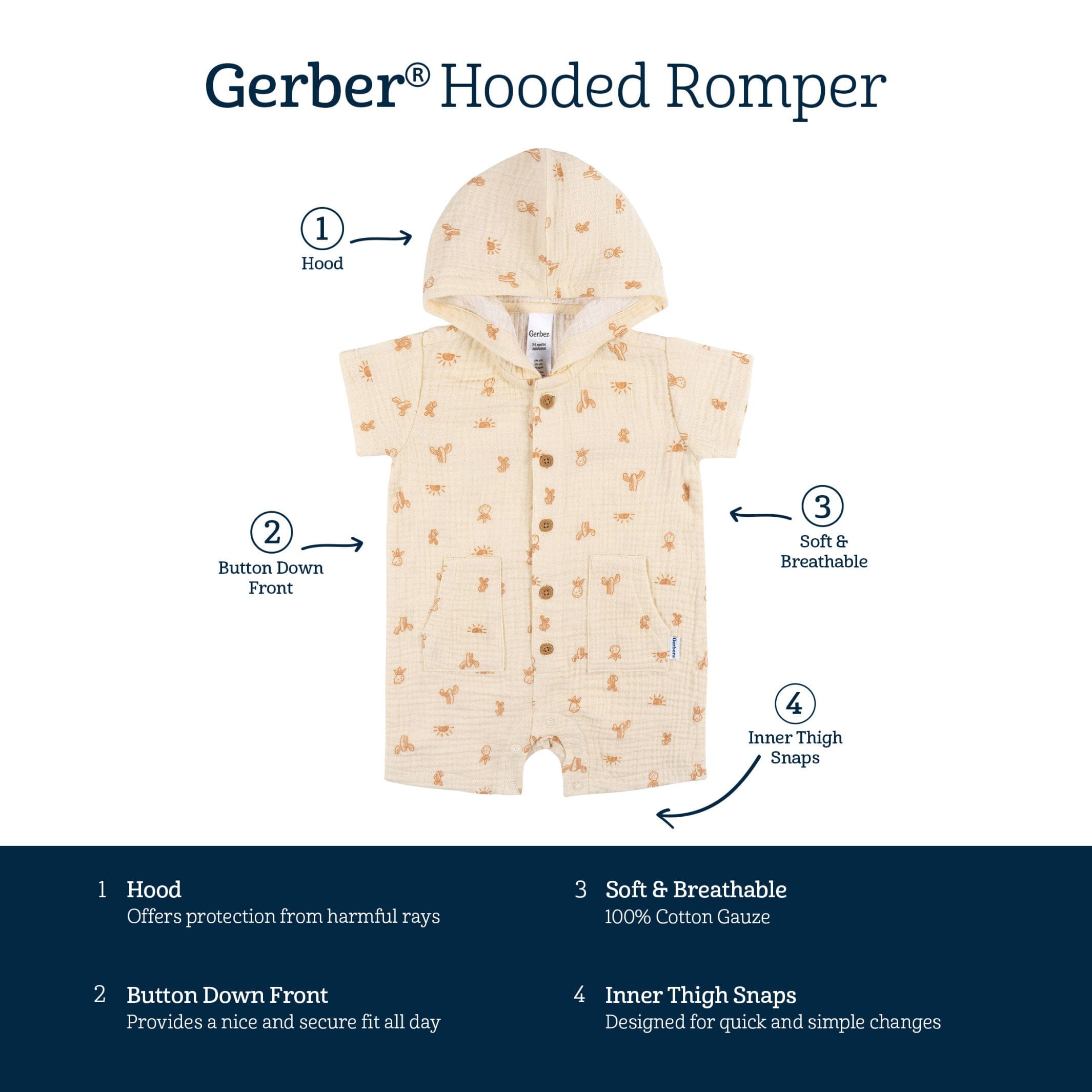 Baby Boys Desert Cotton Gauze Hooded Romper - Image 5
