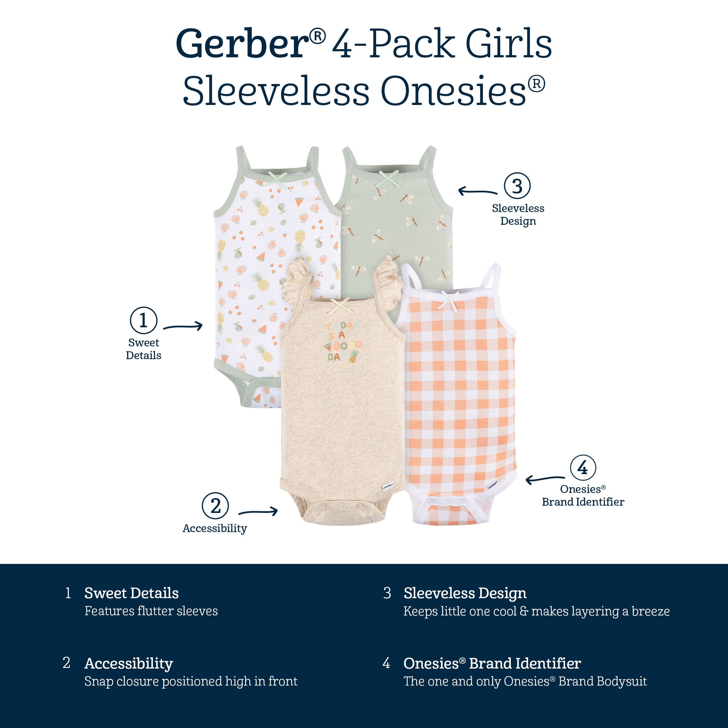 4-Pack Baby Girls Picnic Sleeveless Onesies® Bodysuits - Image 6