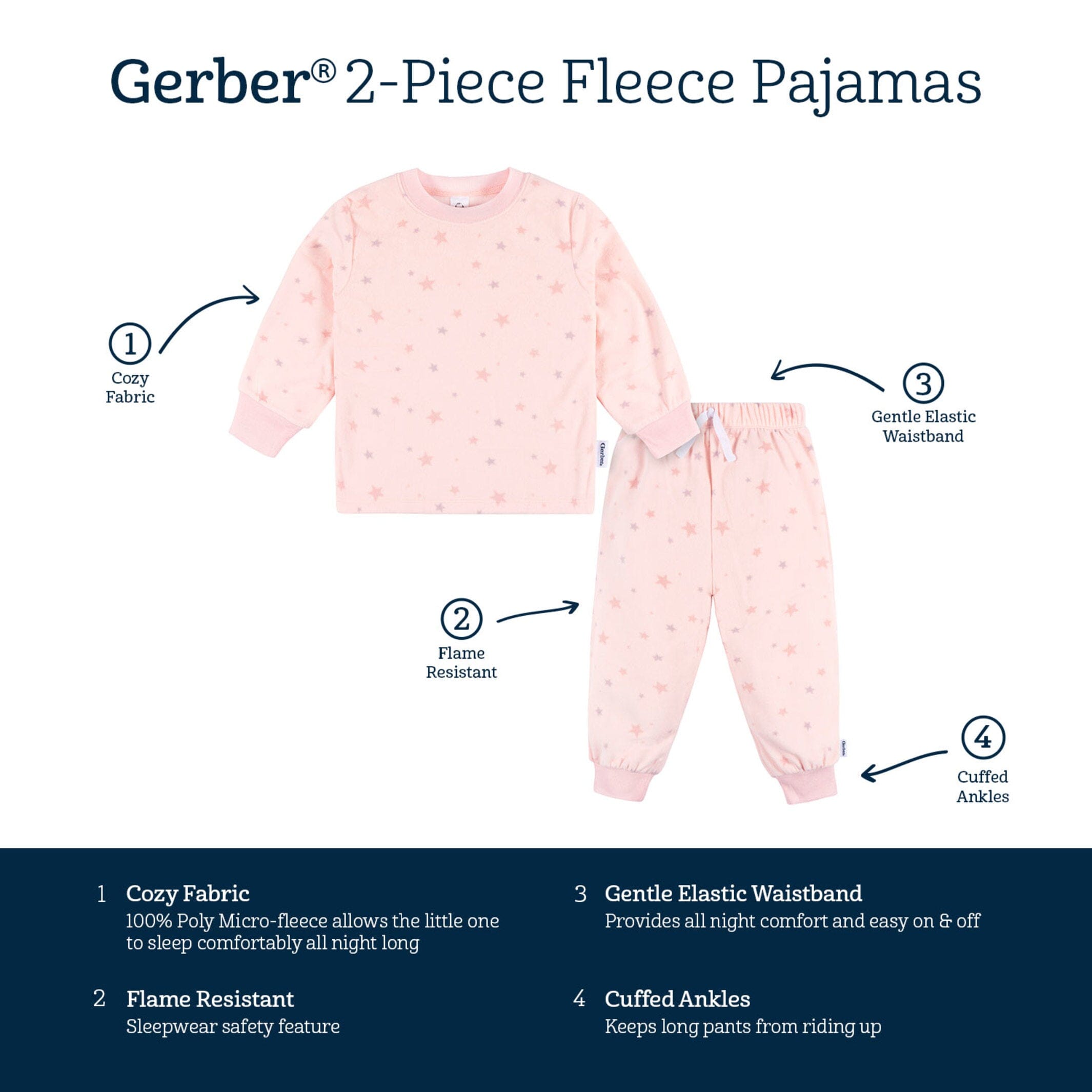 2-Piece Infant & Toddler Girls Pink Stars Fleece Pajamas - Image 6