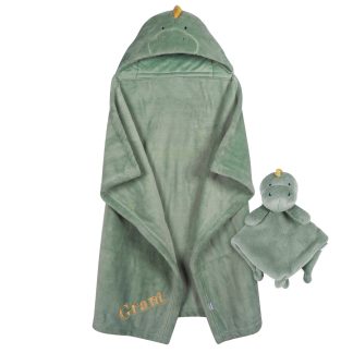 Embroidered 2-Piece Wearable Dino Blanket & Security Blanket Set Hooded