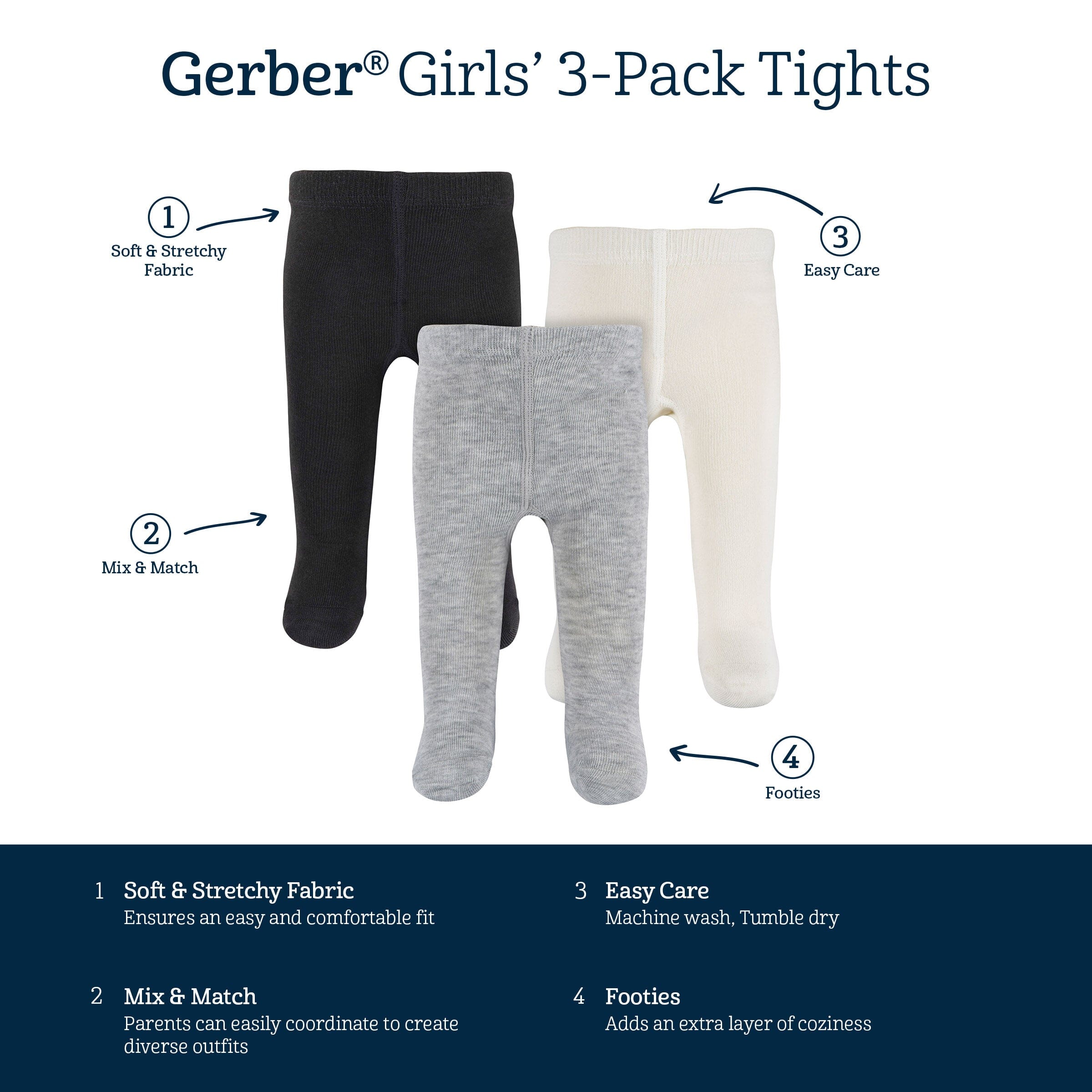 3-Pack Baby and Toddler Girls Black, Ivory, & Grey Heather Tights - Image 8