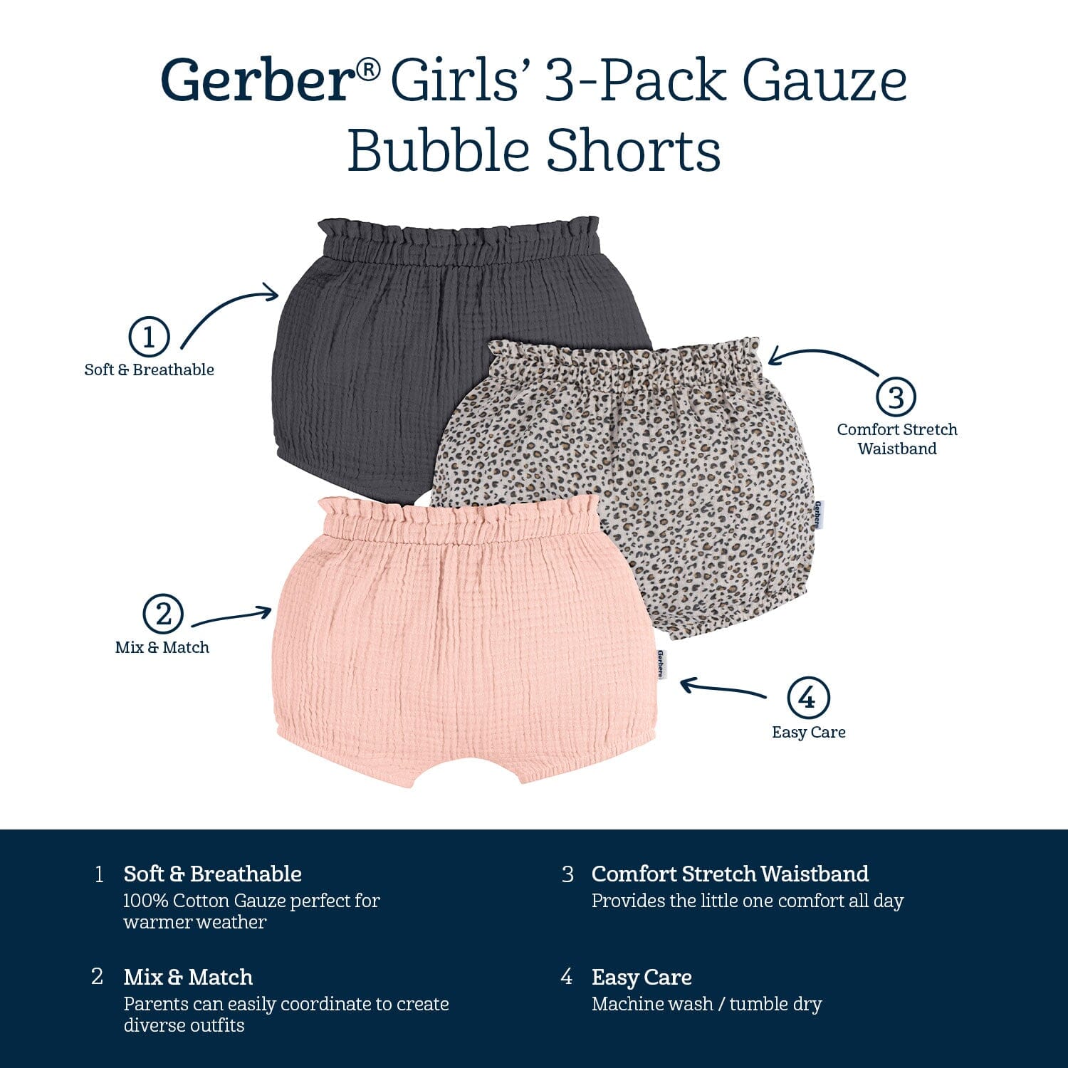 3-Pack Baby Girls Grey, Leopard, & Pink Gauze Bubble Shorts - Image 6
