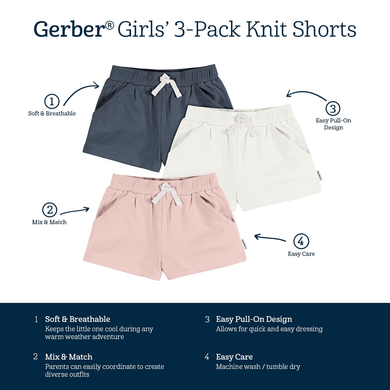 3-Pack Baby & Toddler Girls Navy, White, & Pink Knit Shorts - Image 7