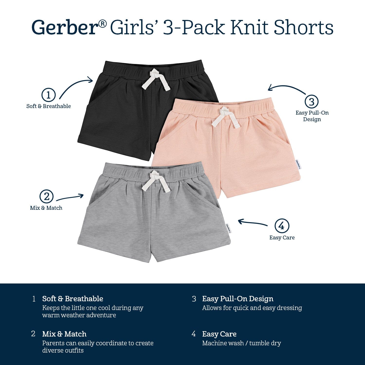 3-Pack Baby & Toddler Girls Black, Pink, & Grey Knit Shorts - Image 6