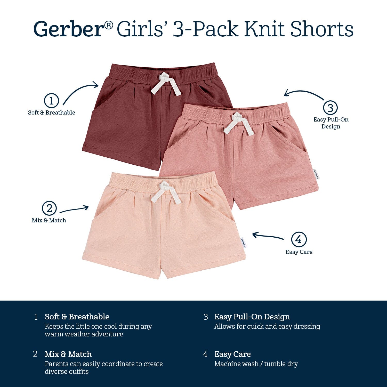 3-Pack Baby & Toddler Girls Dusty Pinks Knit Shorts - Image 6
