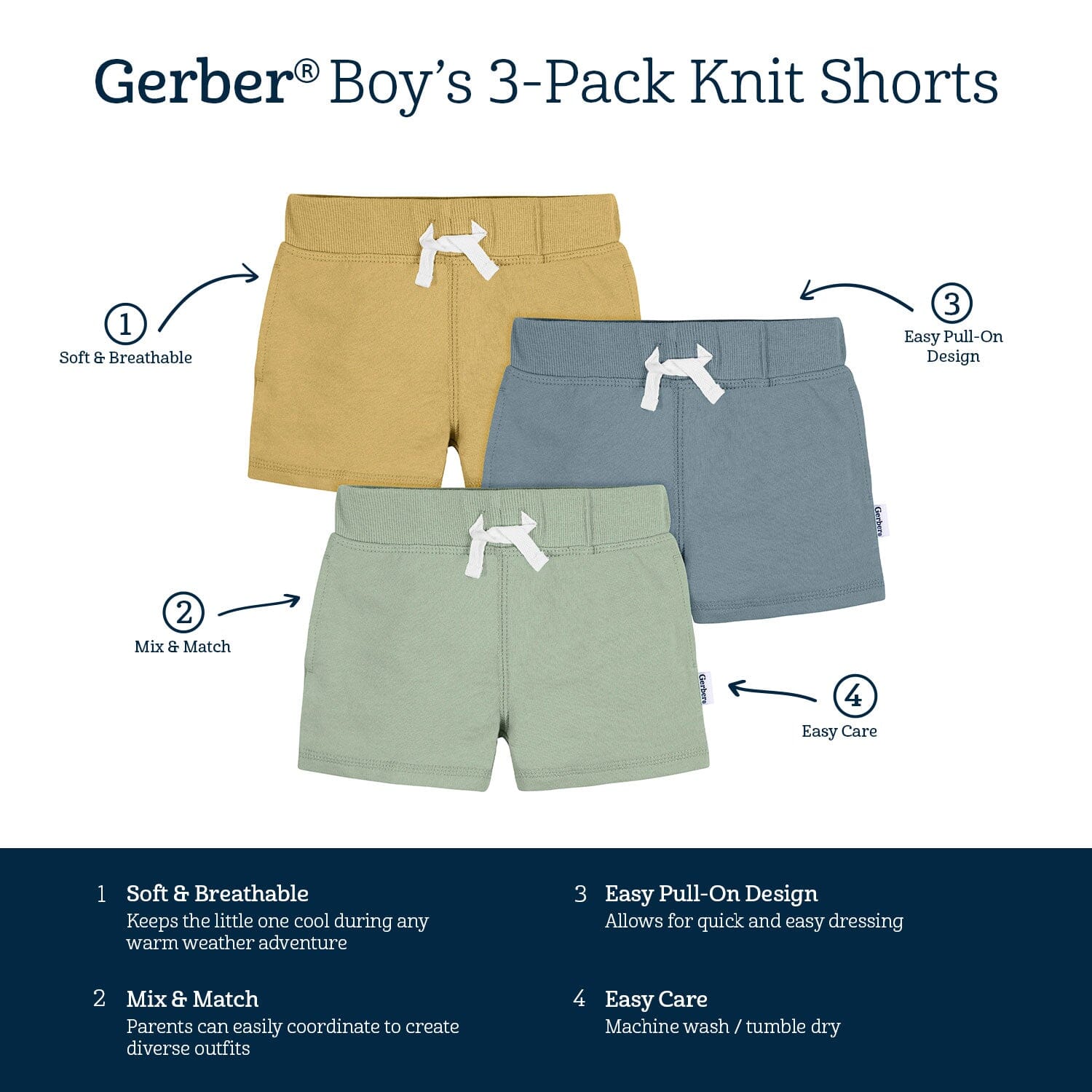 3-Pack Baby & Toddler Boys Tan, Blue, & Green Knit Shorts - Image 7