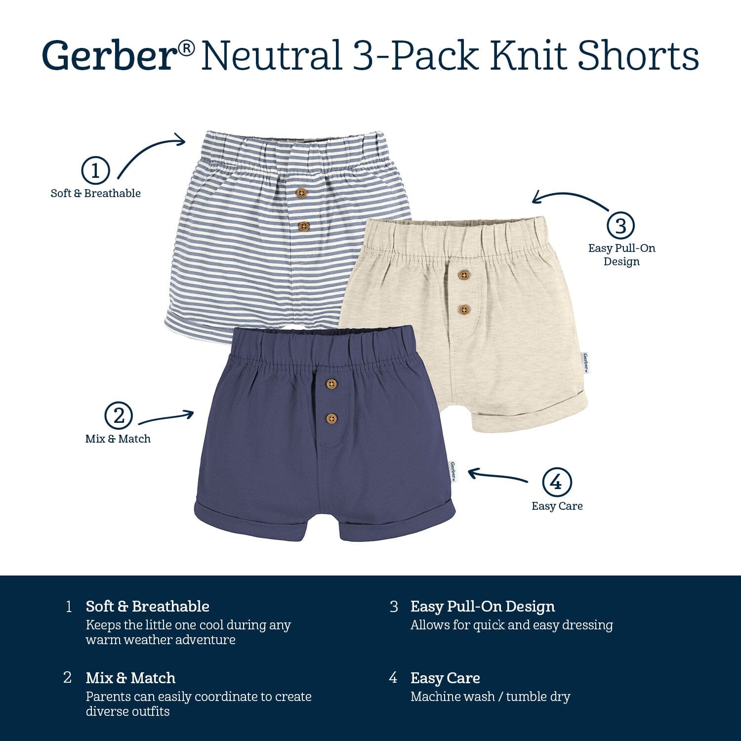 3-Pack Baby Neutral Navy Stripe, Oatmeal, & Navy Knit Shorts - Image 6