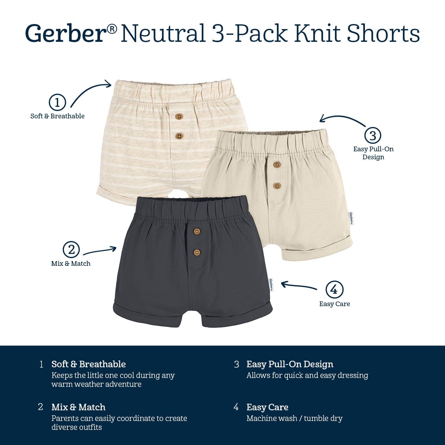 3-Pack Baby Neutral Tan Stripe, Tan, & Grey Knit Shorts - Image 7