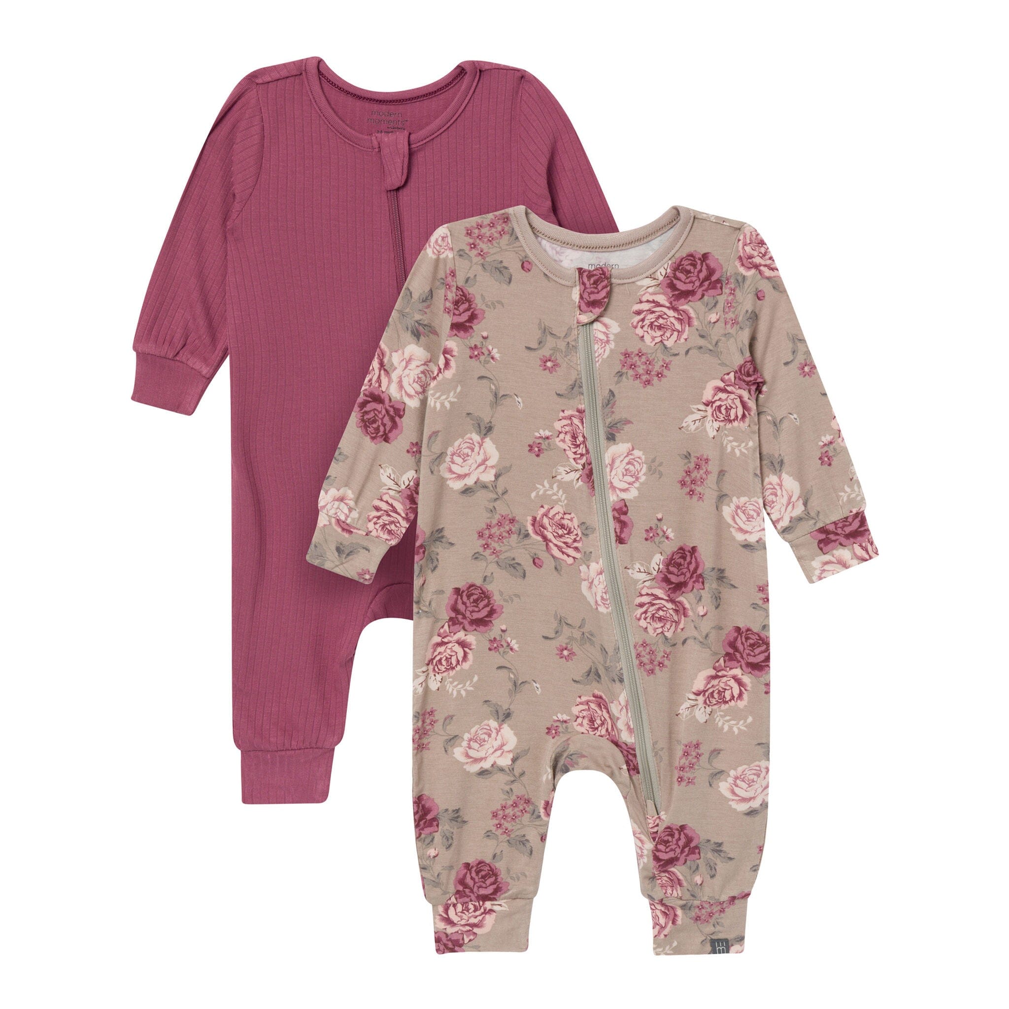 2-Pack Baby Girls Stone Rose/Renaissance Rose Footless Romper