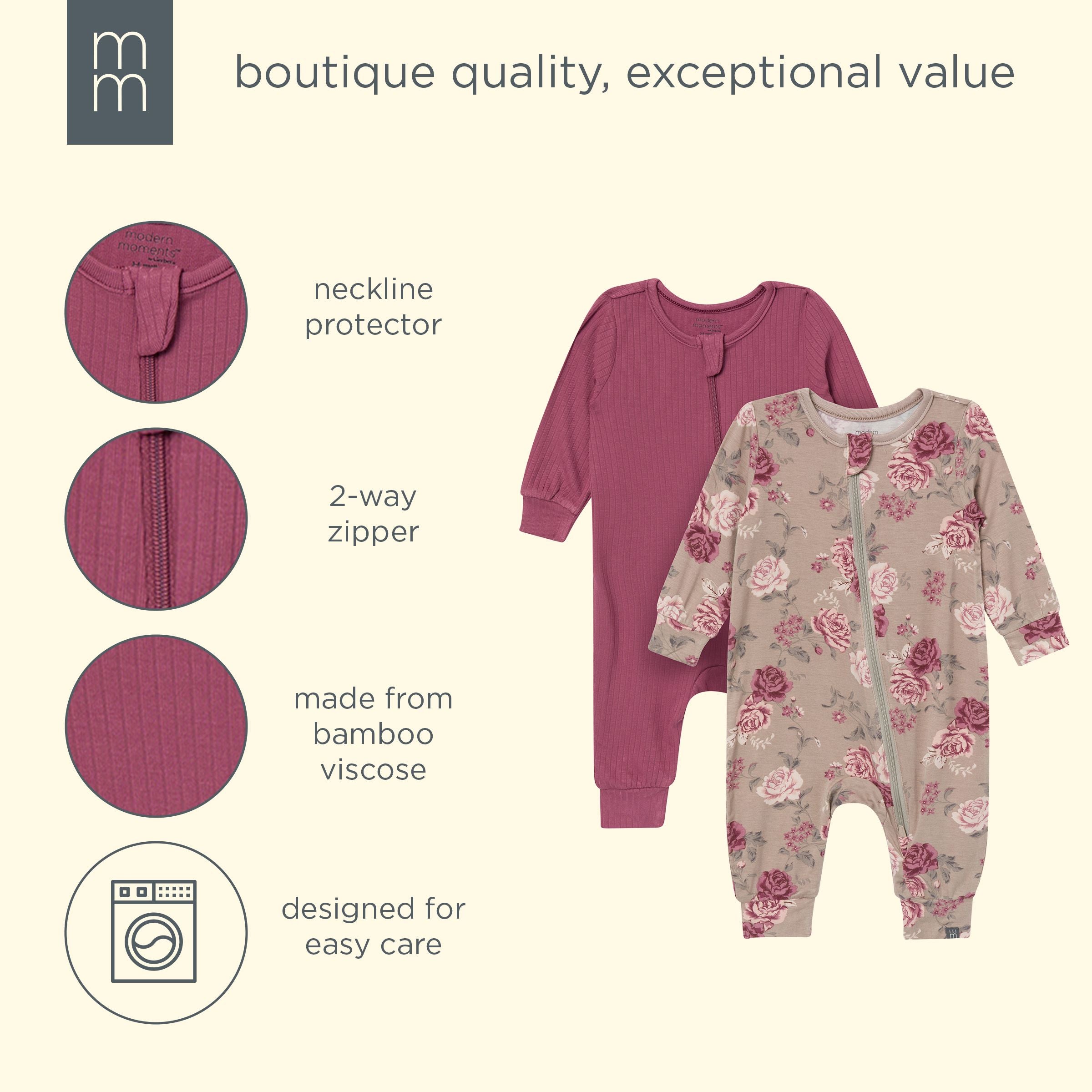 2-Pack Baby Girls Stone Rose/Renaissance Rose Footless Romper - Image 8