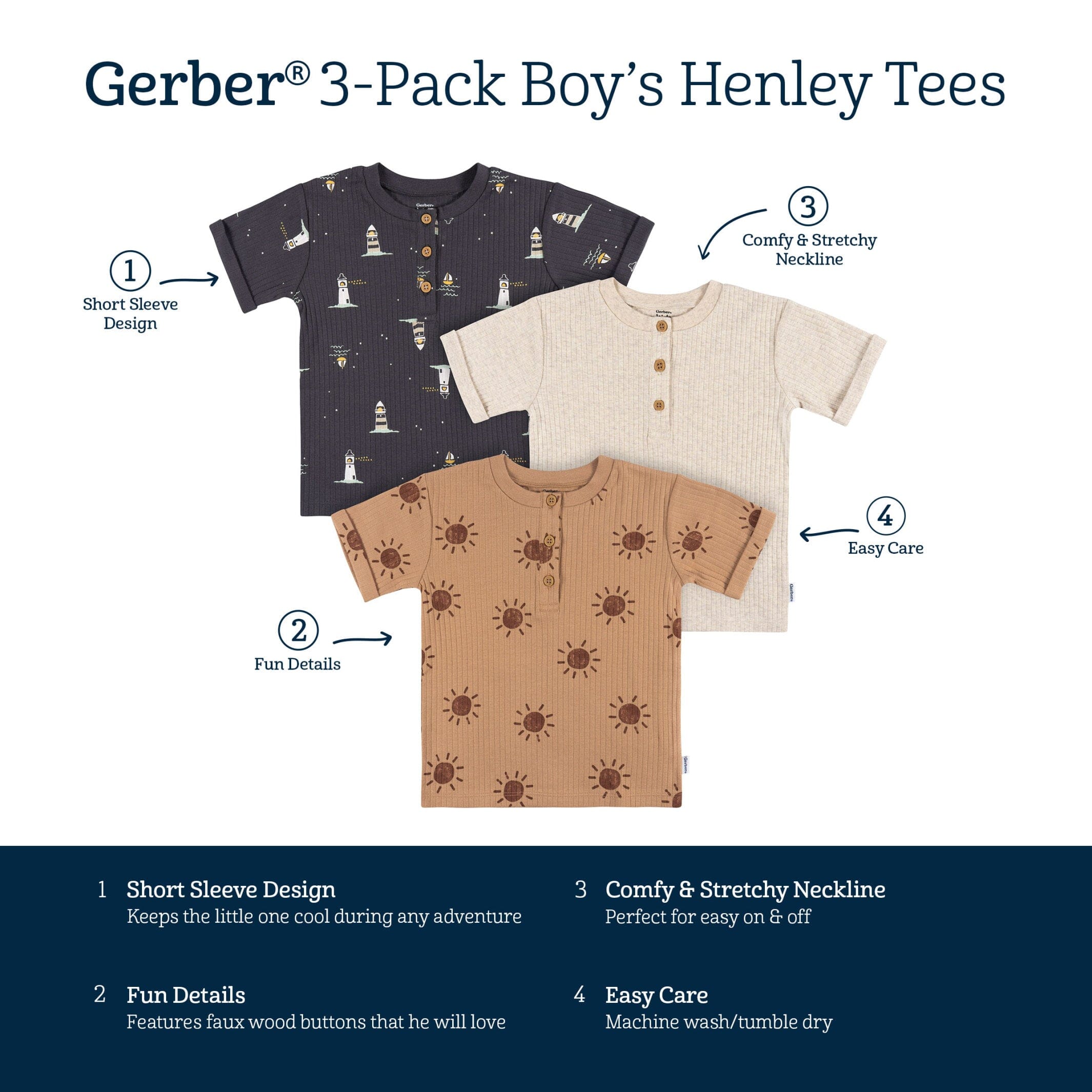 3-Pack Infant and Toddler Boys Sun & Sea Henley T-Shirts - Image 7