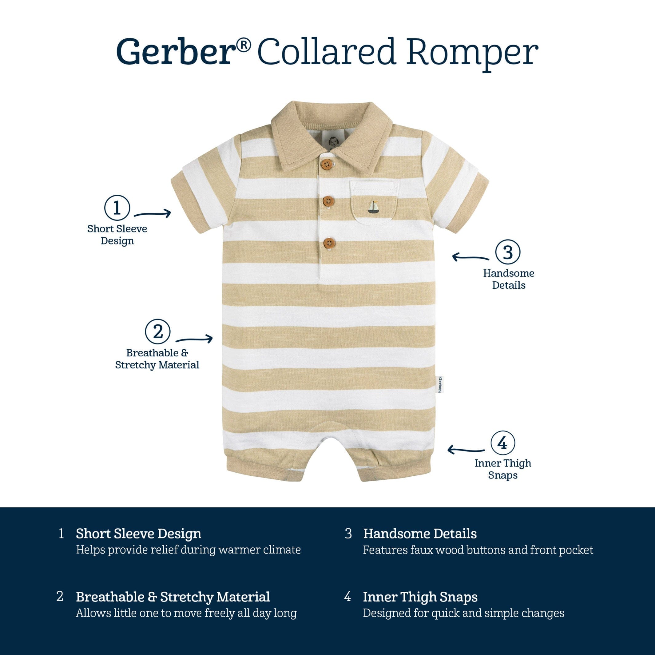 Baby Boys Tan Stripe Collared Romper - Image 6