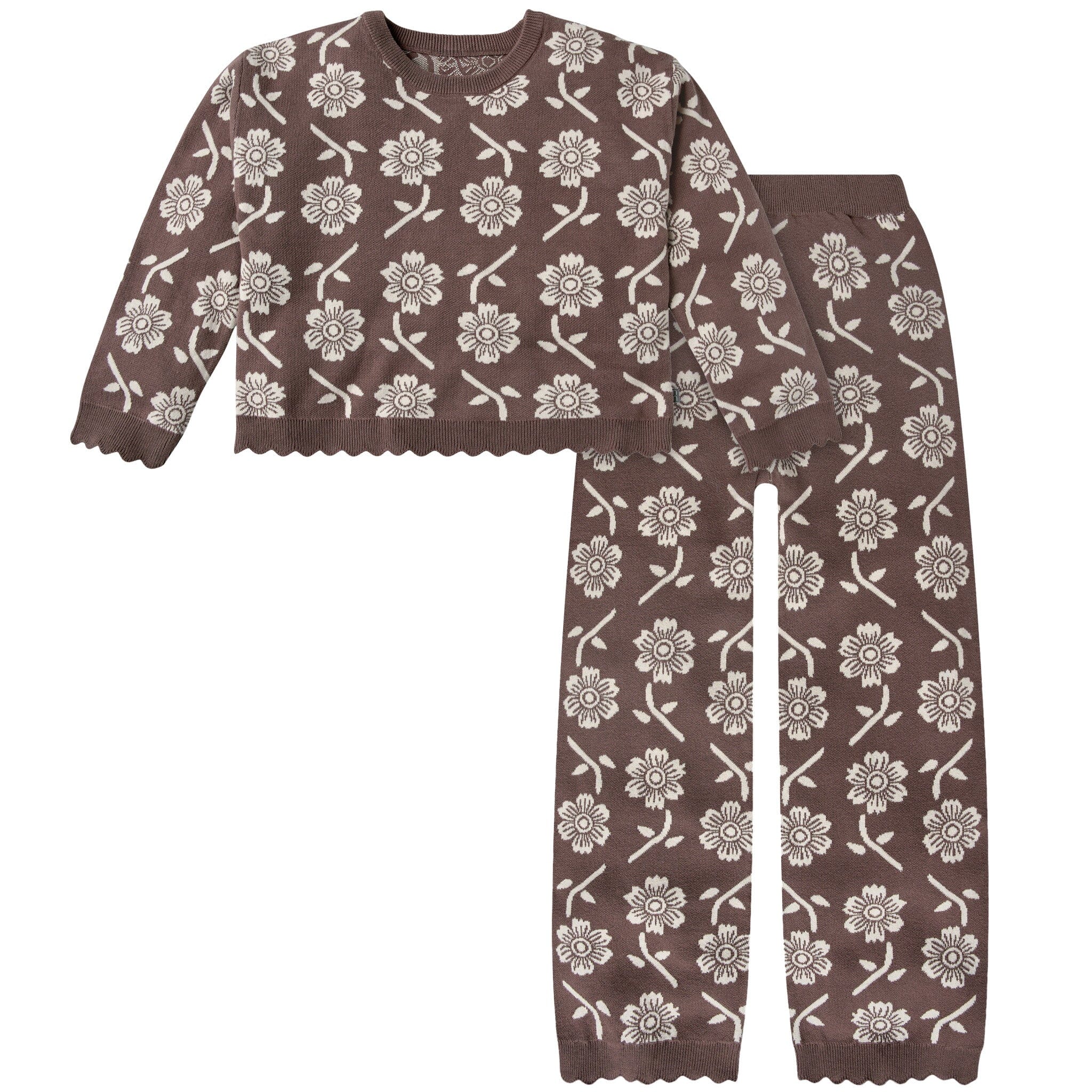 2-Piece Infant & Kid Girls Cacao Jacquard Sweater & Pant Set