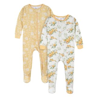 2-Pack Baby & Toddler Girls Golden Flowers Snug Fit Footed Cotton Pajamas