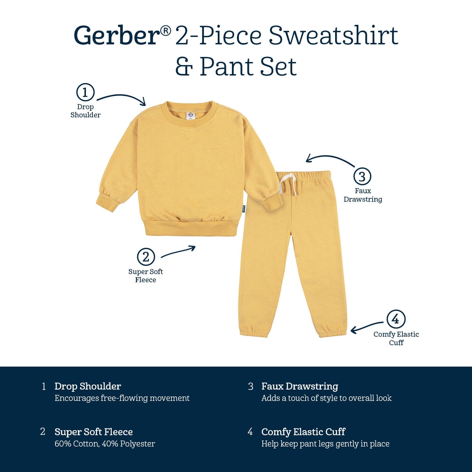 Embroidered 2-Piece Infant & Toddler Neutral Yellow Sweatshirt & Pant Set - Image 9