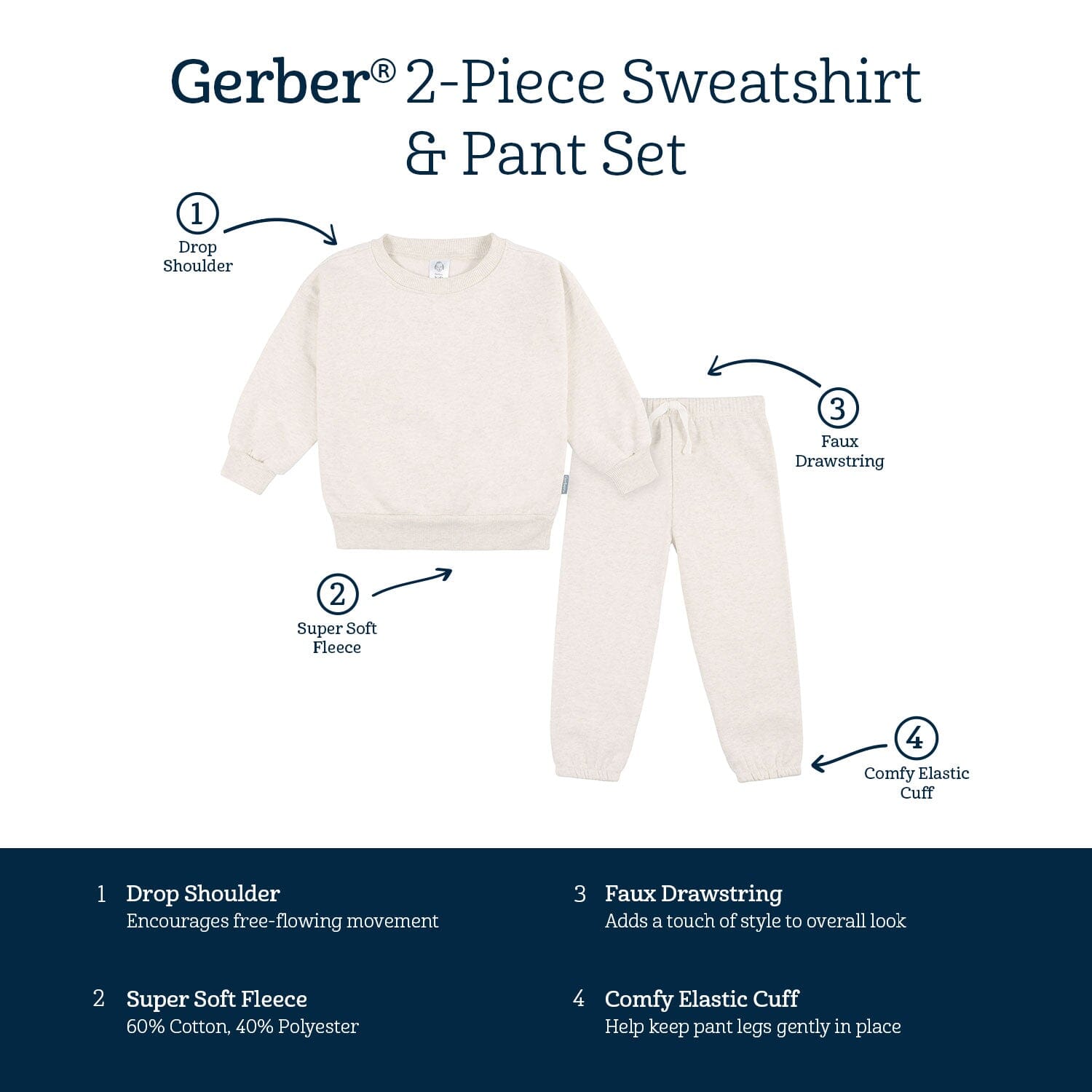 Embroidered 2-Piece Infant & Toddler Neutral Oatmeal Heather Sweatshirt & Pant Set - Image 7