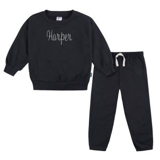 Embroidered 2-Piece Infant & Toddler Neutral Black Sweatshirt & Pant Set