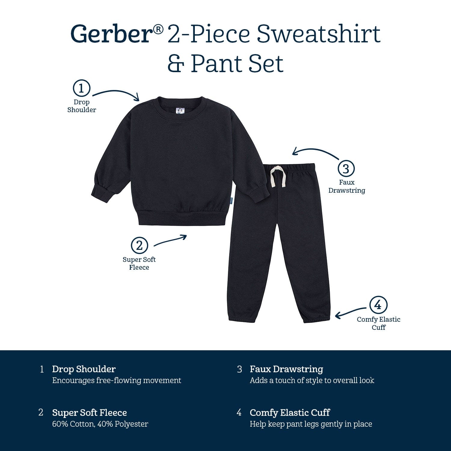 Embroidered 2-Piece Infant & Toddler Neutral Black Sweatshirt & Pant Set - Image 7