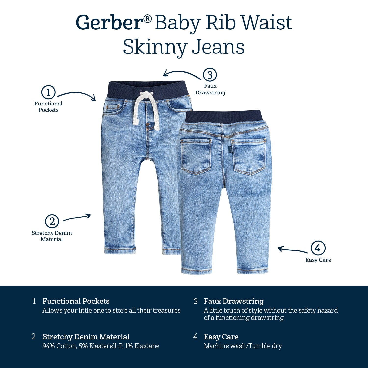 Baby Neutral Light Blue Rib Waist Skinny Denim Jeans - Image 8