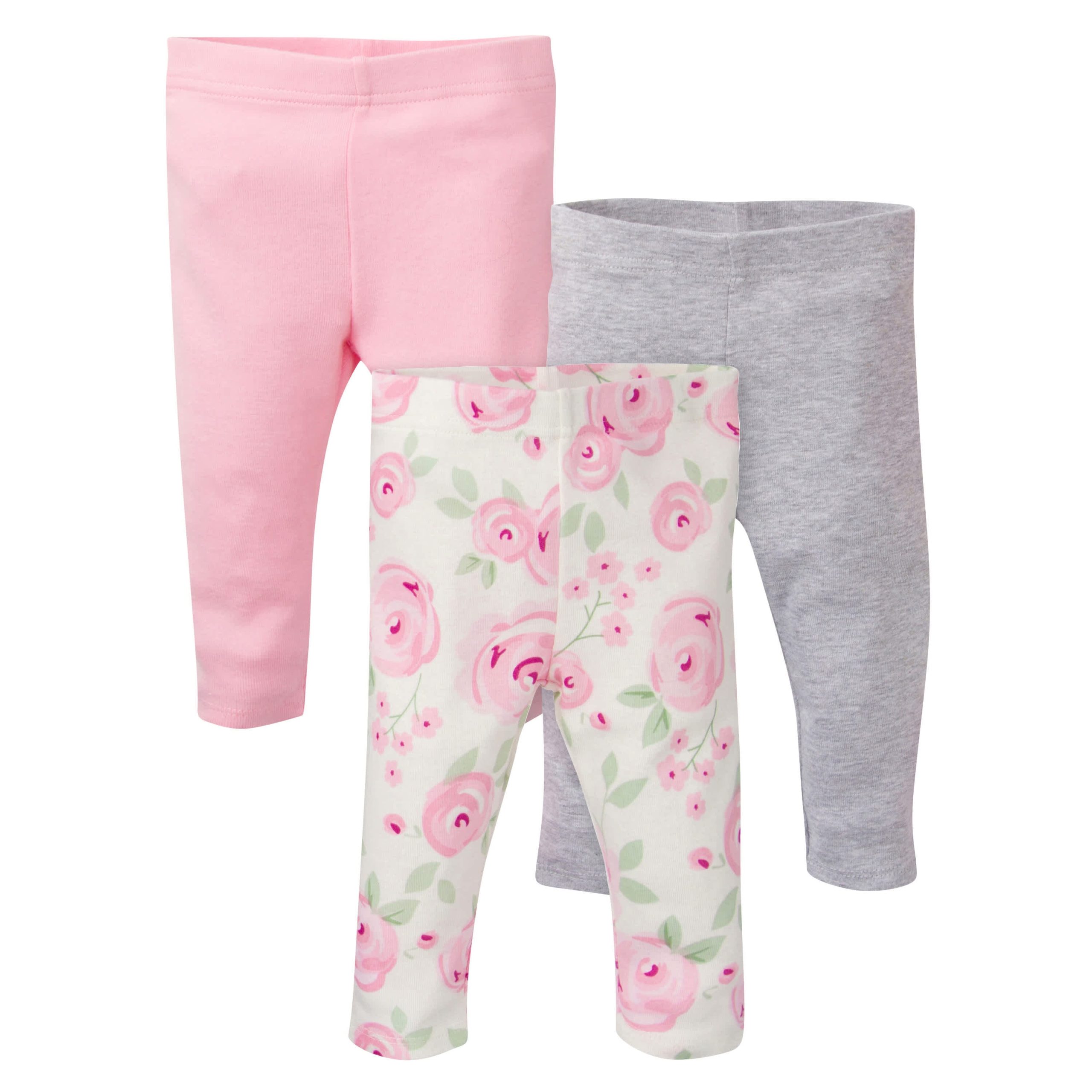 3-Pack Baby Girls Pink, Gray, & Floral Leggings, NEWBORN