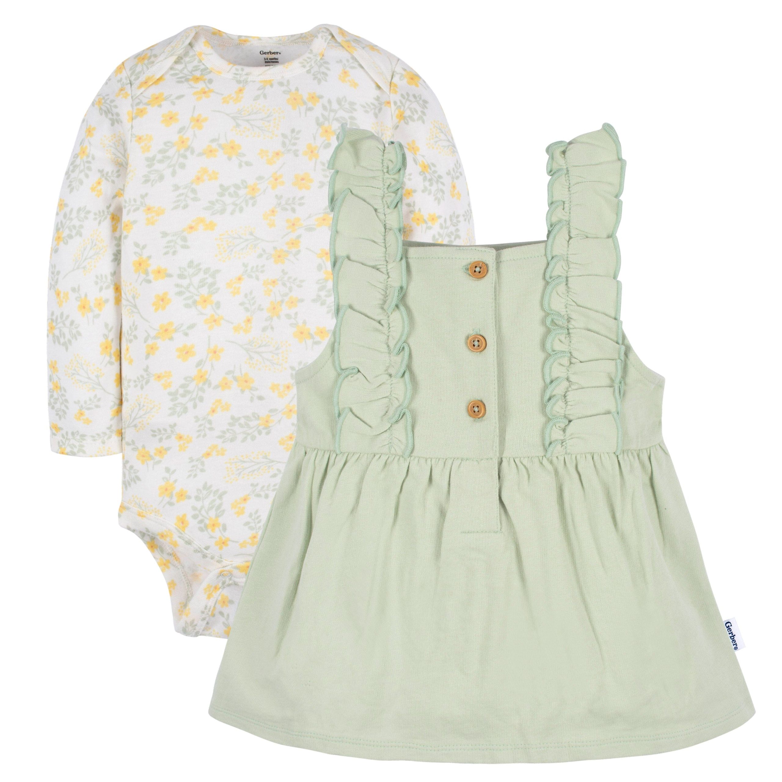 2-Piece Baby Girls Green Floral Jumper & Bodysuit Set - Image 3