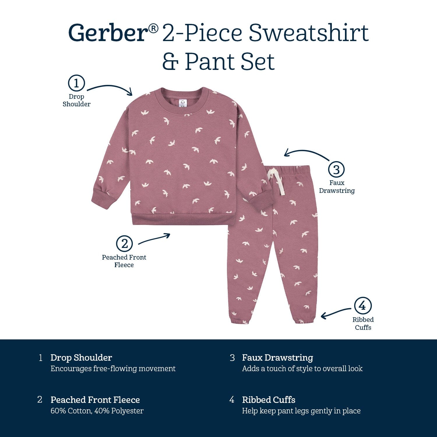 2-Piece Infant and Toddler Girls Birds Sweatshirt & Pant Set - Image 6