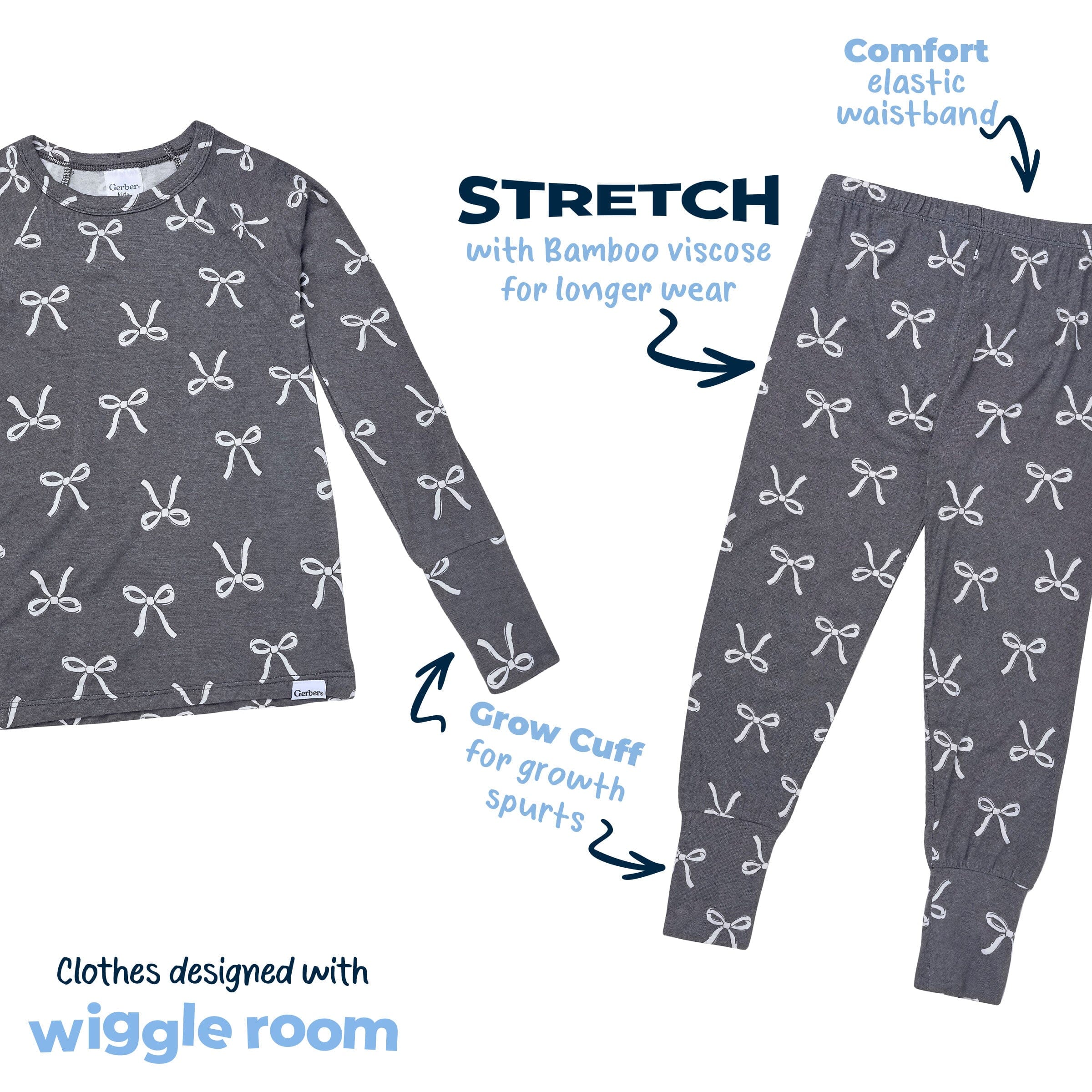 2-Piece Infant & Toddler Girls Gray Bow Snug Fit Pajamas - Image 6