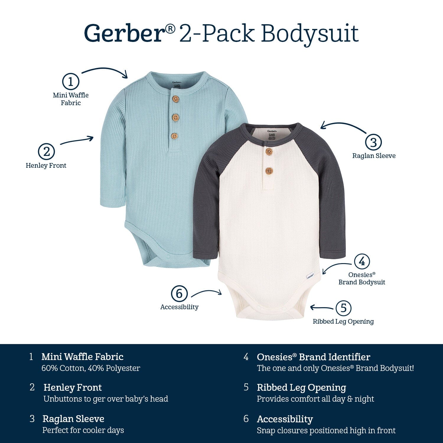 2-Pack Baby Boys Blue & Ivory Long Sleeve Henley Onesies® Bodysuits - Image 9
