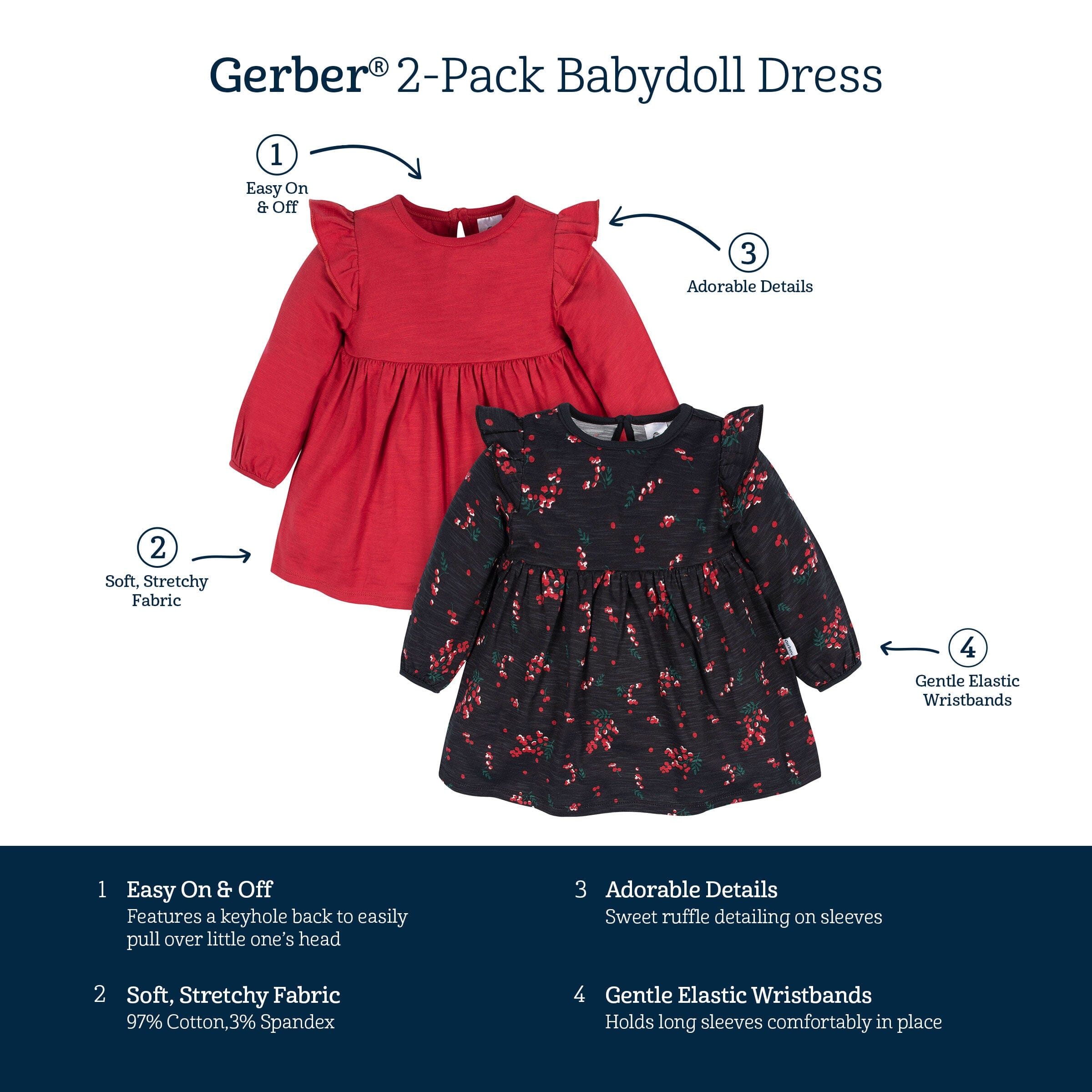 2-Pack Baby & Toddler Girls Holly Berries Babydoll Dresses - Image 7