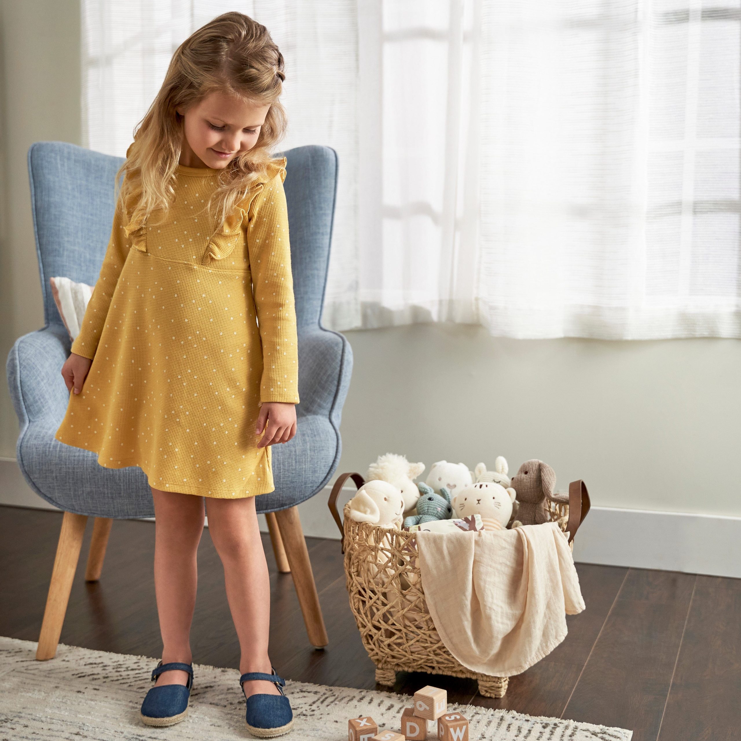 Infant and Toddler Girls Yellow Dots Dress with Ruffle - Image 2
