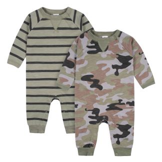 2-Pack Baby Boys Green Camo & Striped Raglan Sleeve Romper, 0-3M