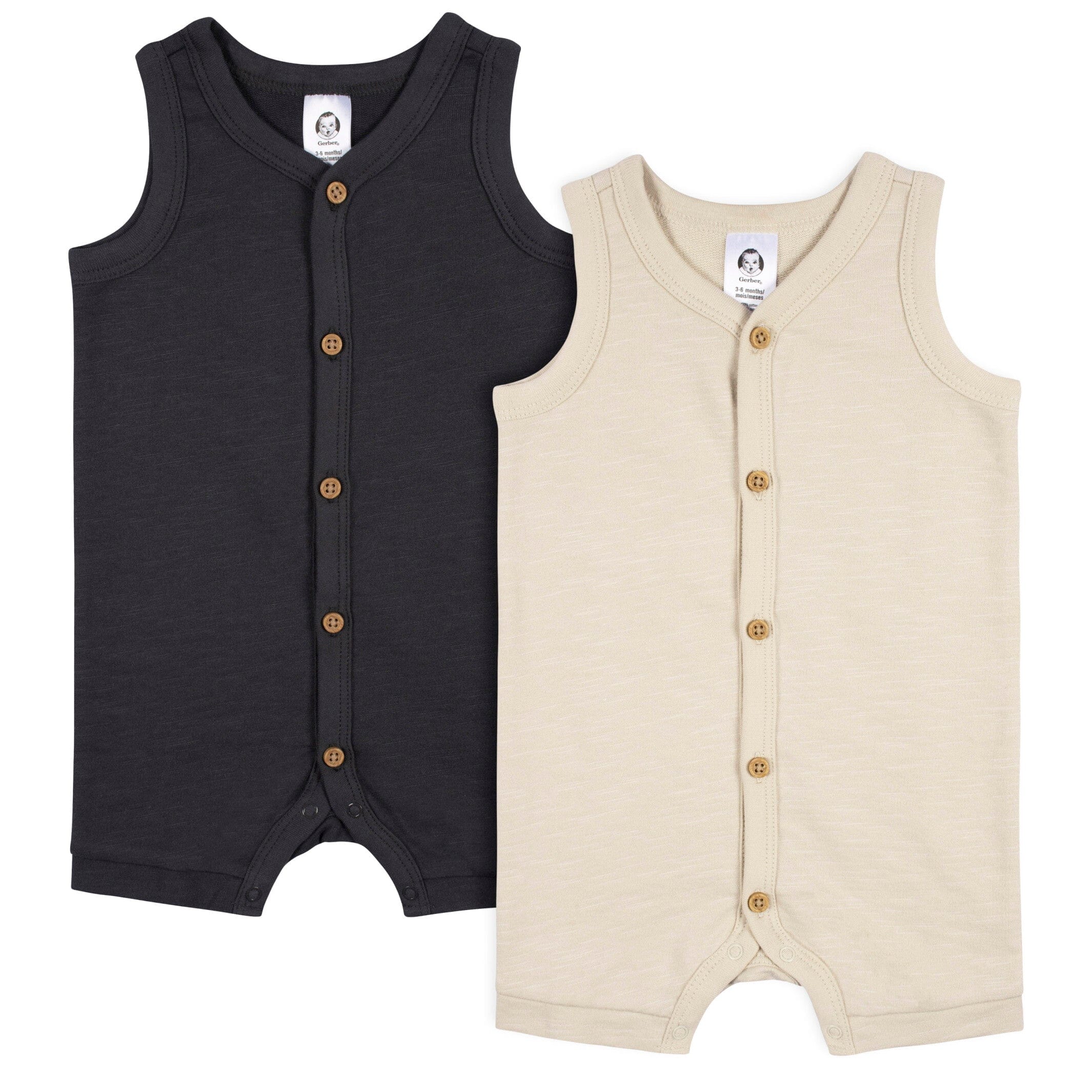 2-Pack Baby Boys Tan & Dark Gray Short Leg Sleeveless Romper, 24M