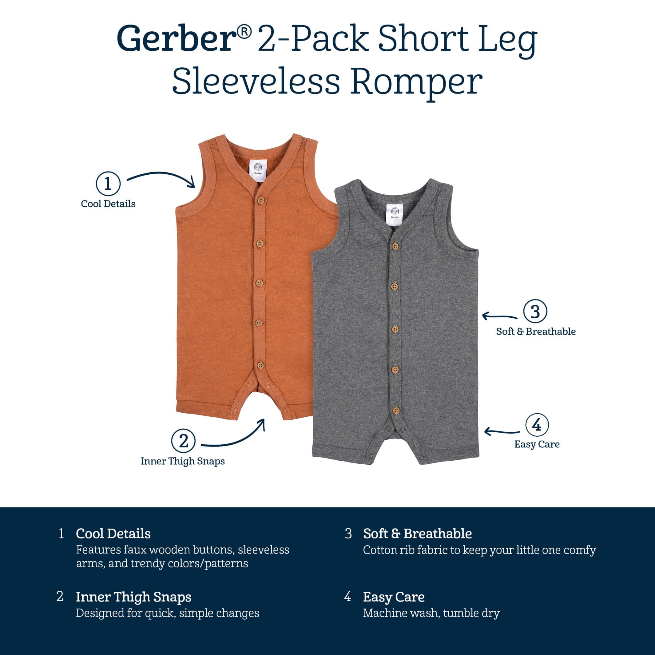2-Pack Baby Boys Heather Gray & Rust Short Leg Sleeveless Romper - Image 7