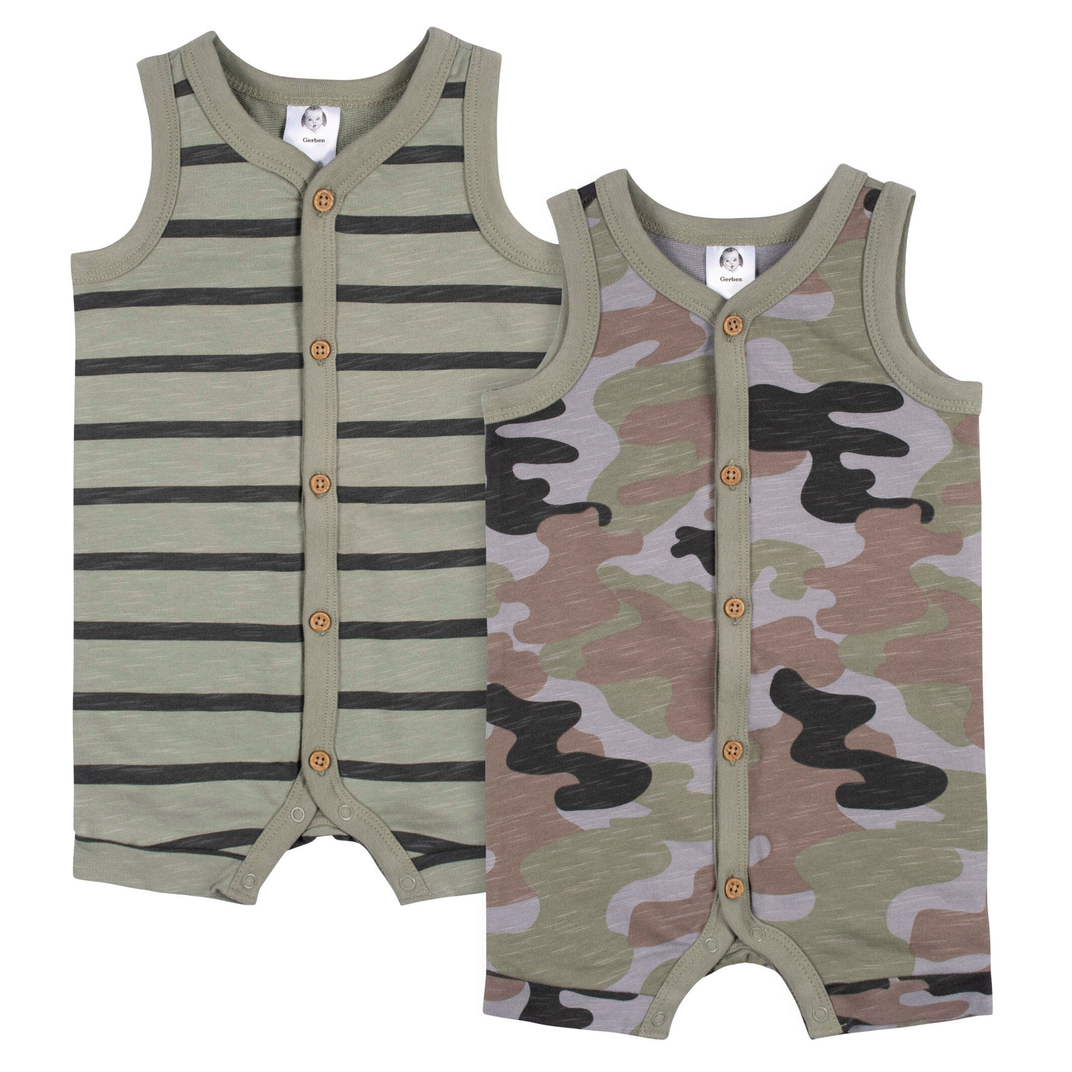 2-Pack Baby Boys Camo & Striped Short Leg Sleeveless Romper, 24M