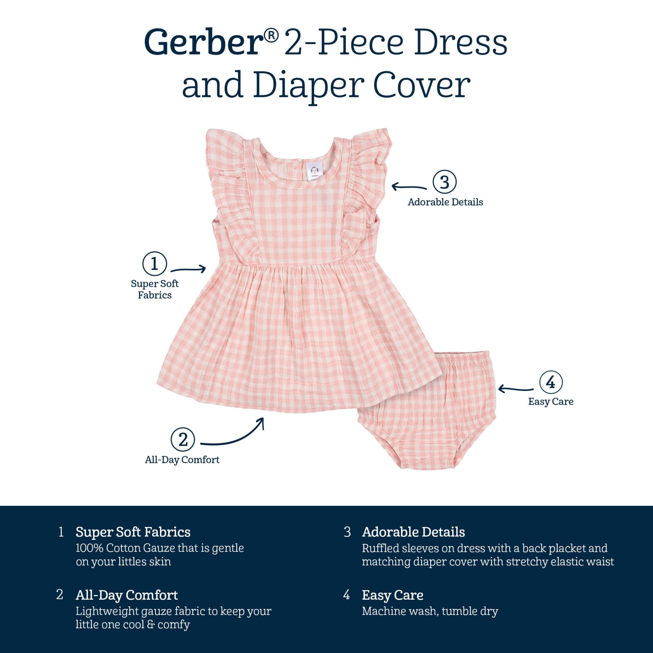 2-Piece Baby & Toddler Girls Gingham Gauze Dress & Diaper Cover Set - Image 9