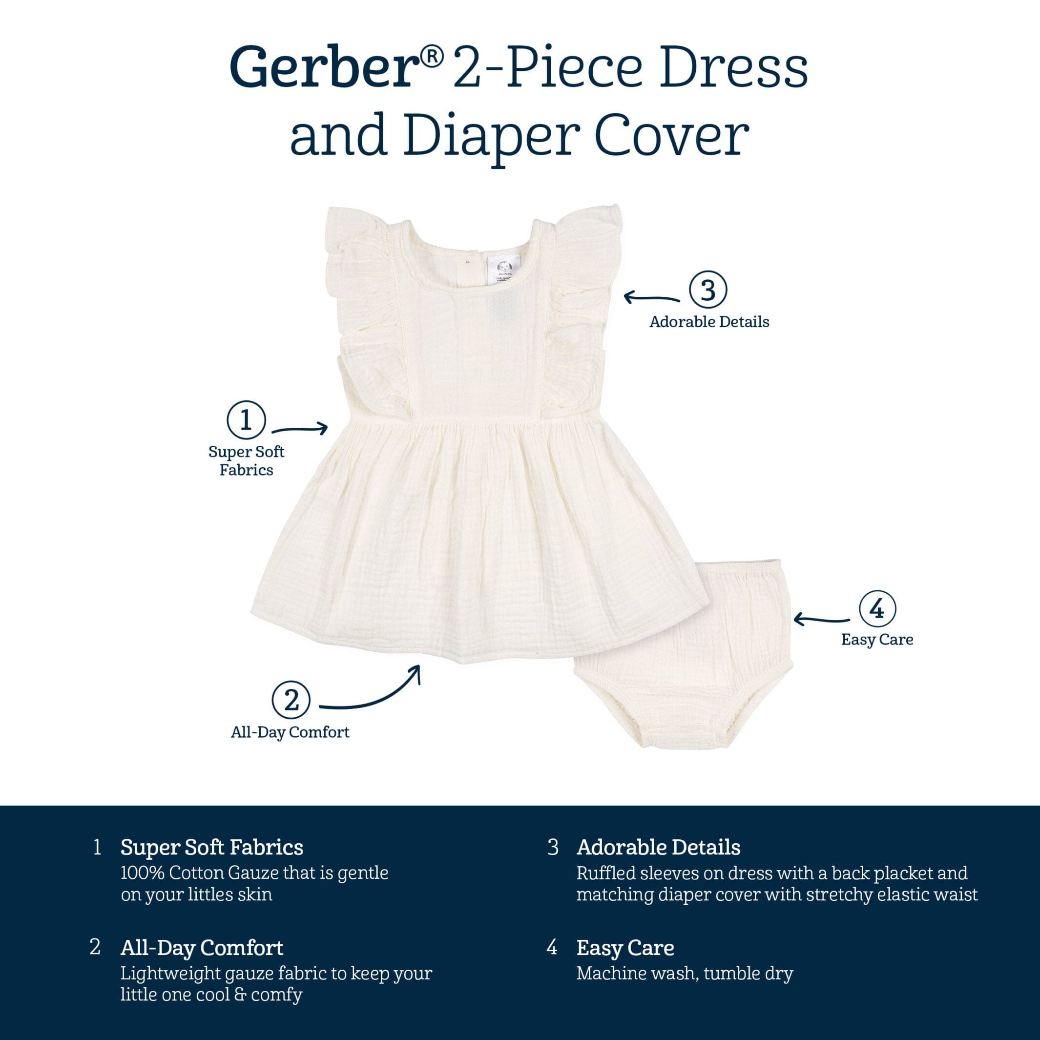 2-Piece Toddler Girls Ivory Gauze Dress & Diaper Cover Set - Image 7