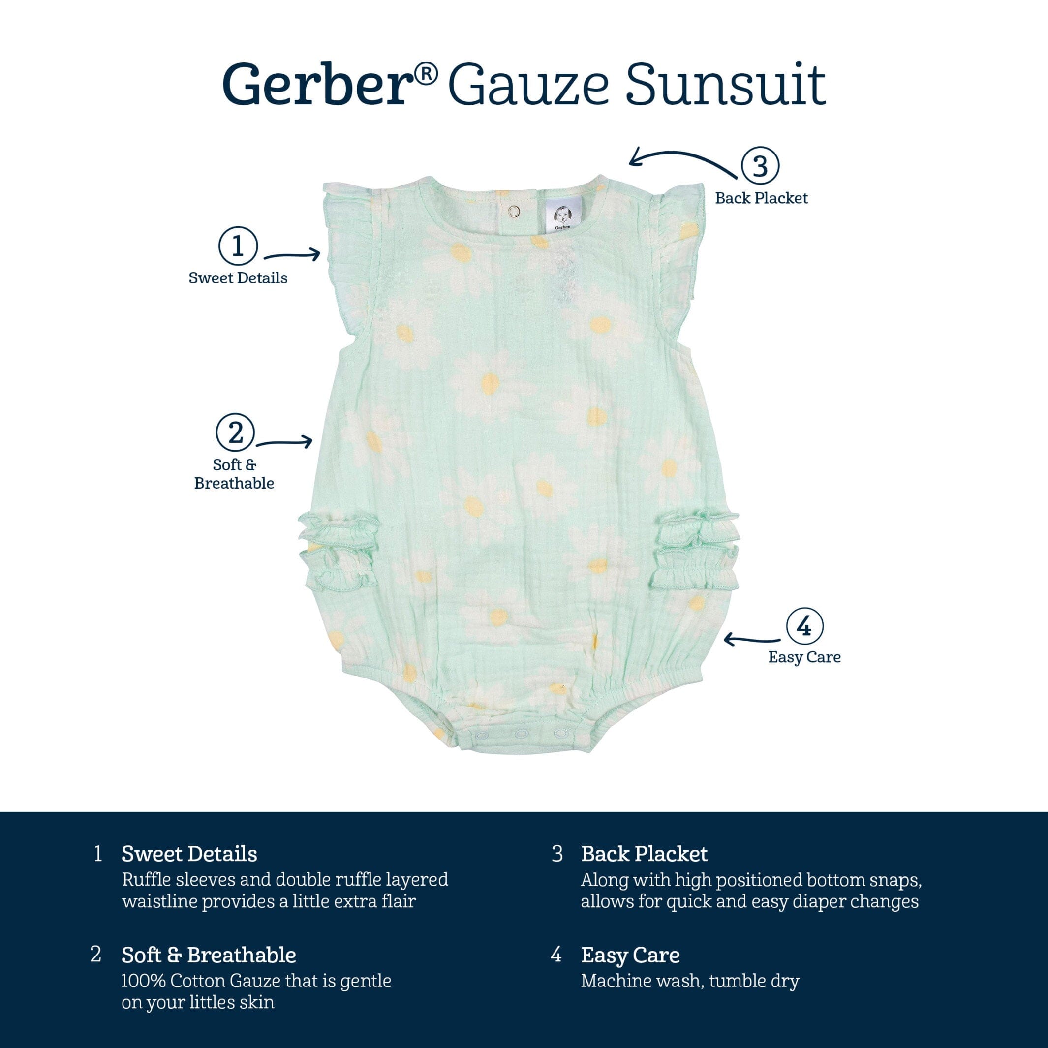 Baby Girls Daisies Gauze Bubble Romper, 0-3M - Image 8