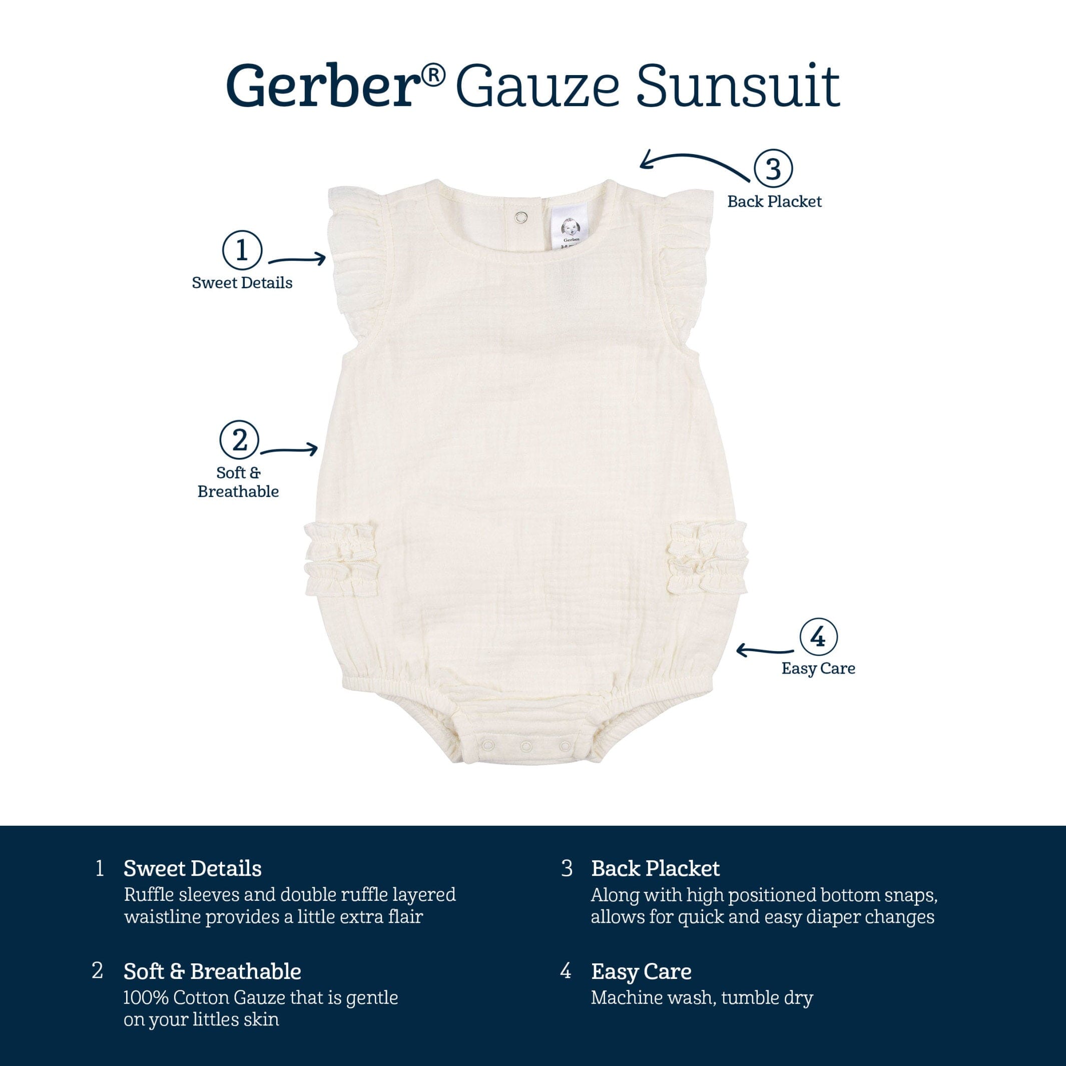 Baby Girls Ivory Gauze Bubble Romper, 0-3M - Image 8