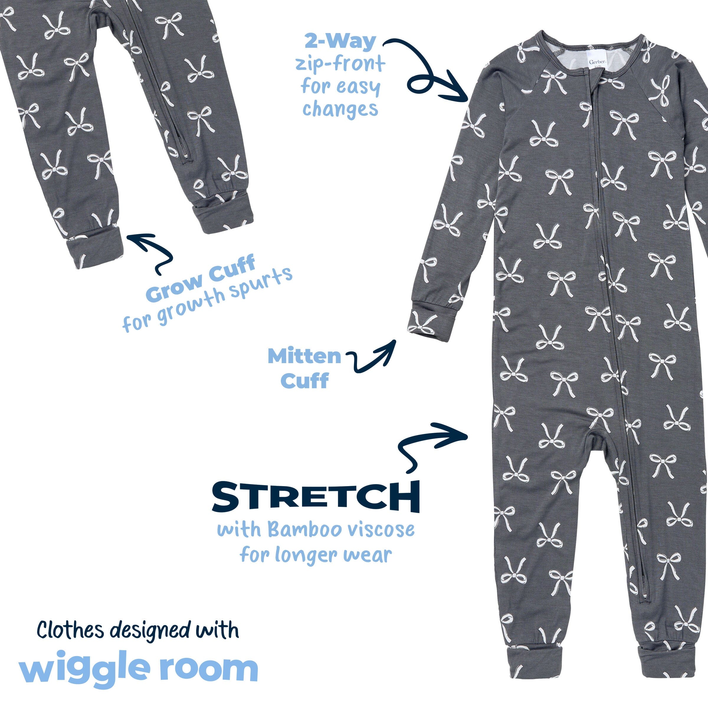 Baby & Toddler Girls Gray Bow Snug Fit Footless Pajamas - Image 9