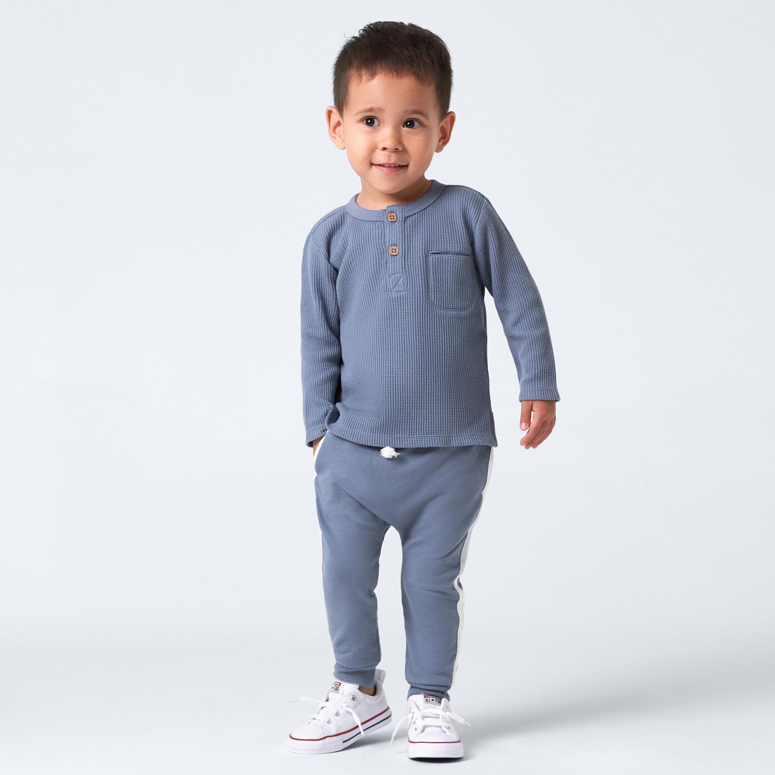 2-Pack Infant & Toddler Boys Dusty Blue & Navy Waffle Knit Henleys - Image 2