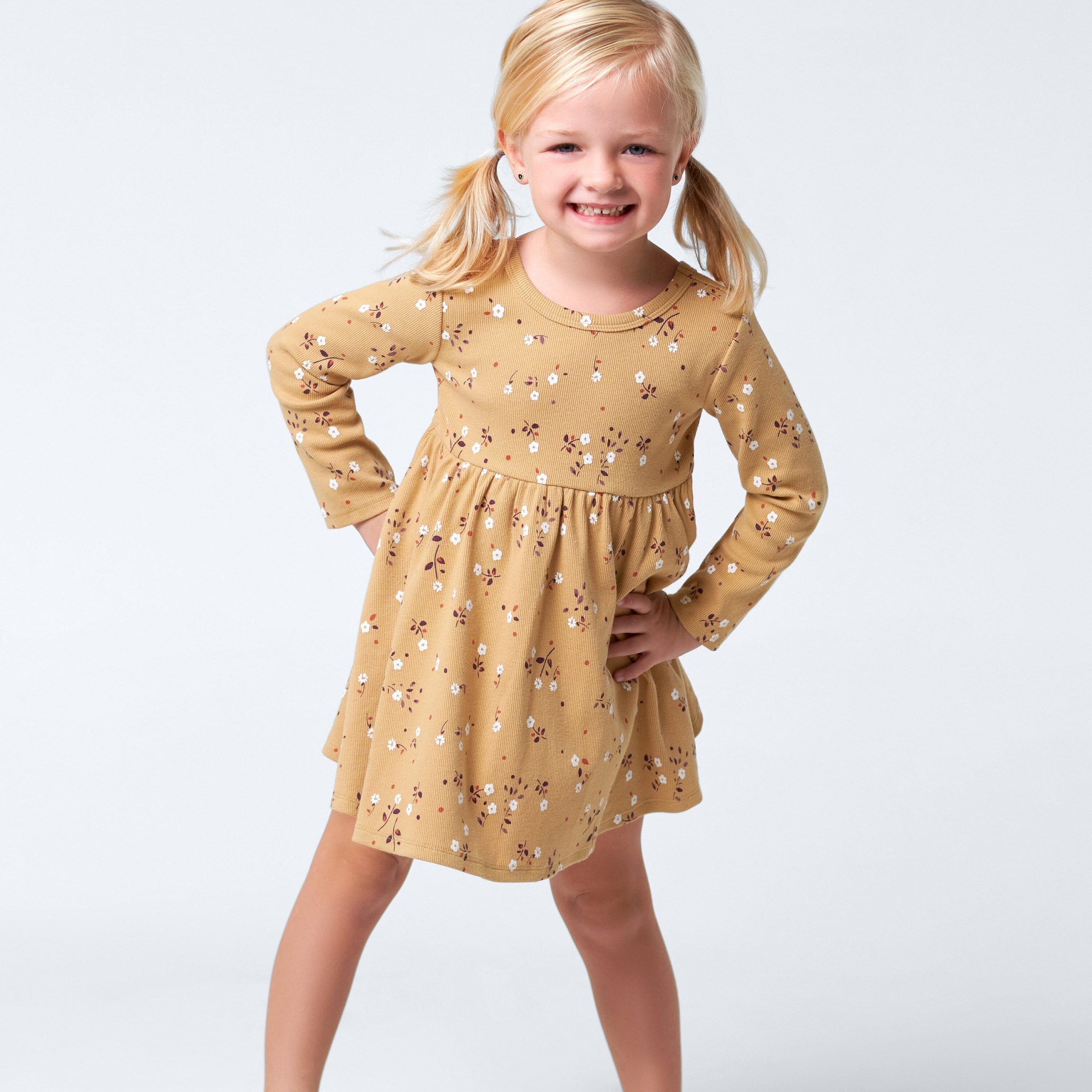 2-Pack Infant & Toddler Girls Mustard Floral Long Sleeve Dresses - Image 2
