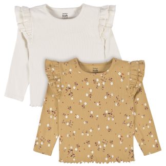 2-Pack Toddler Girls Mustard Floral Double Ruffle Tops, 5T