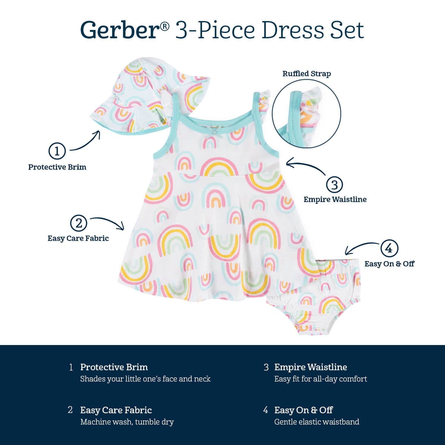 3-Piece Baby & Toddler Girls Dots Of Rainbows Dress, Diaper Cover & Sun Hat Set - Image 7