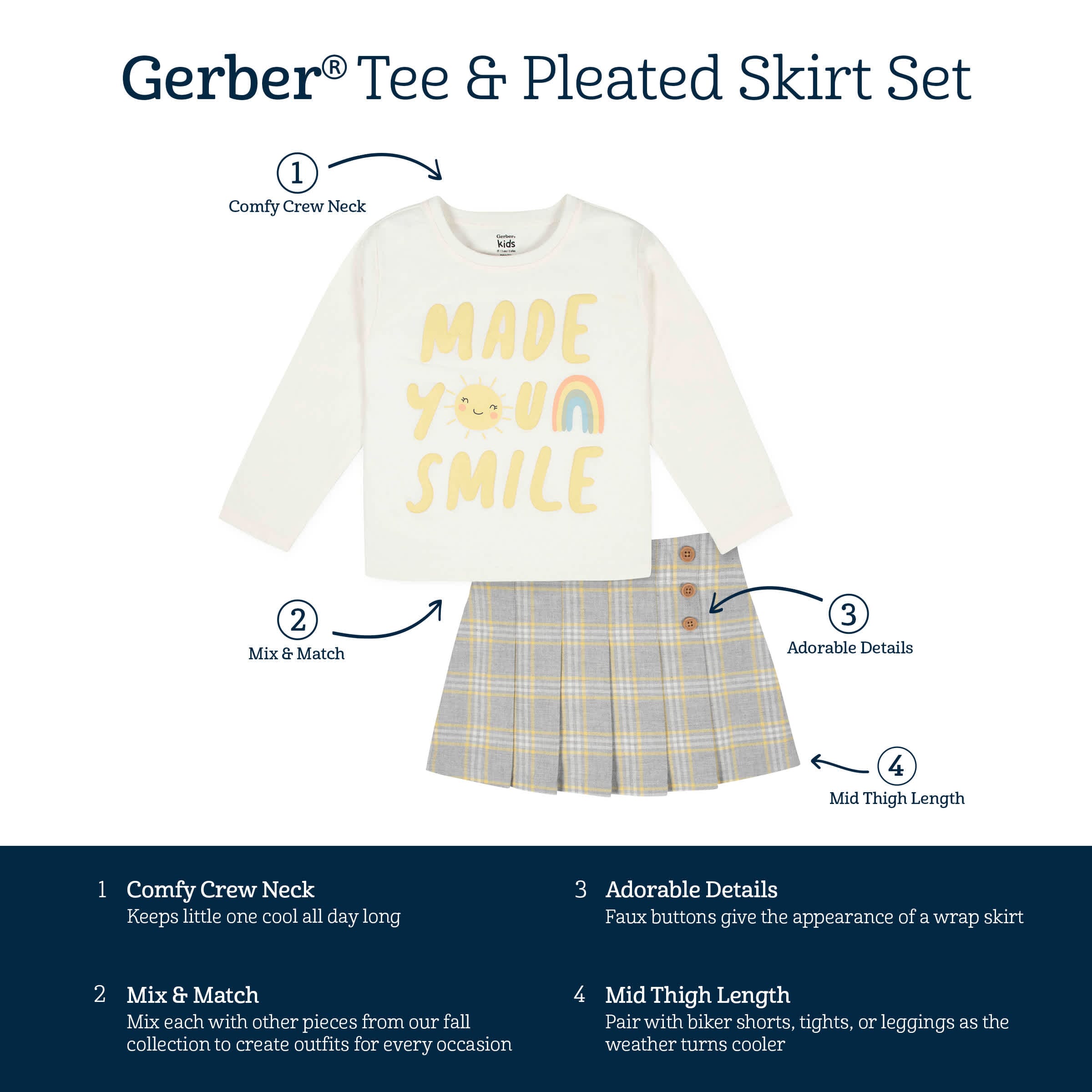 2-Piece Infant & Toddler Girls Mustard Plaid Tee & Skirt Set - Image 9