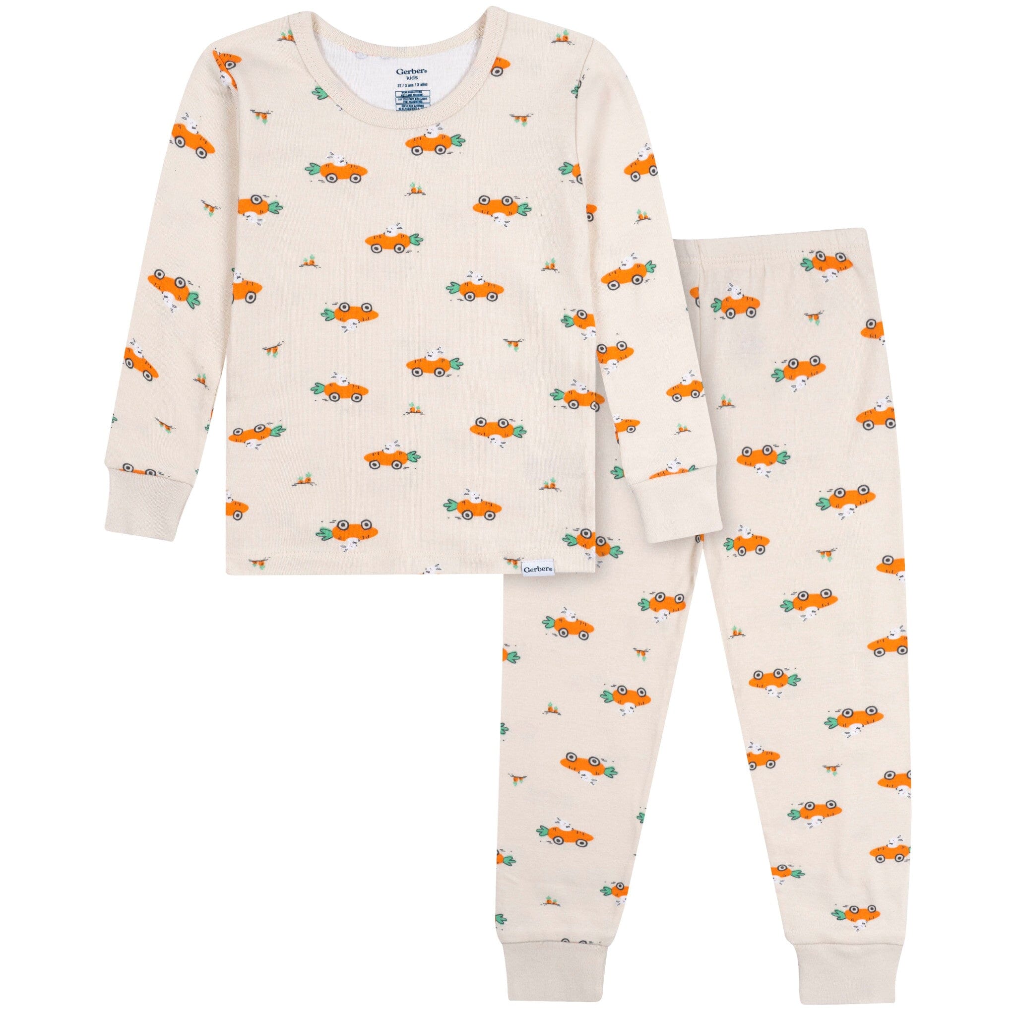 2-Piece Infant & Toddler Neutral Bunny Carrot Cars Cotton Pajamas