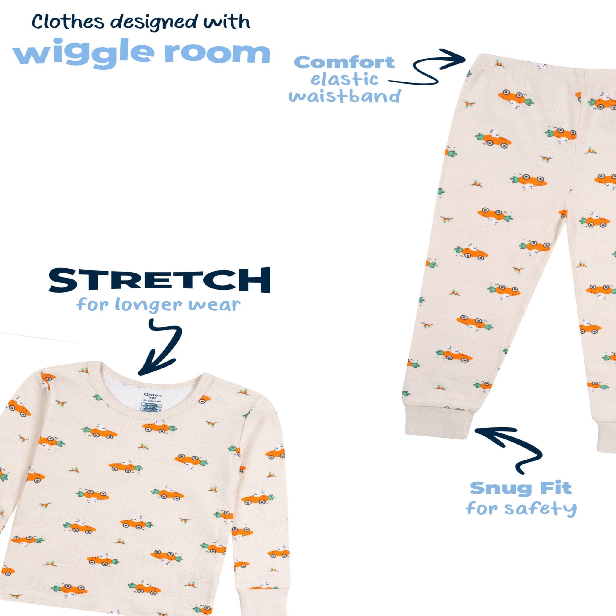 2-Piece Infant & Toddler Neutral Bunny Carrot Cars Cotton Pajamas - Image 7