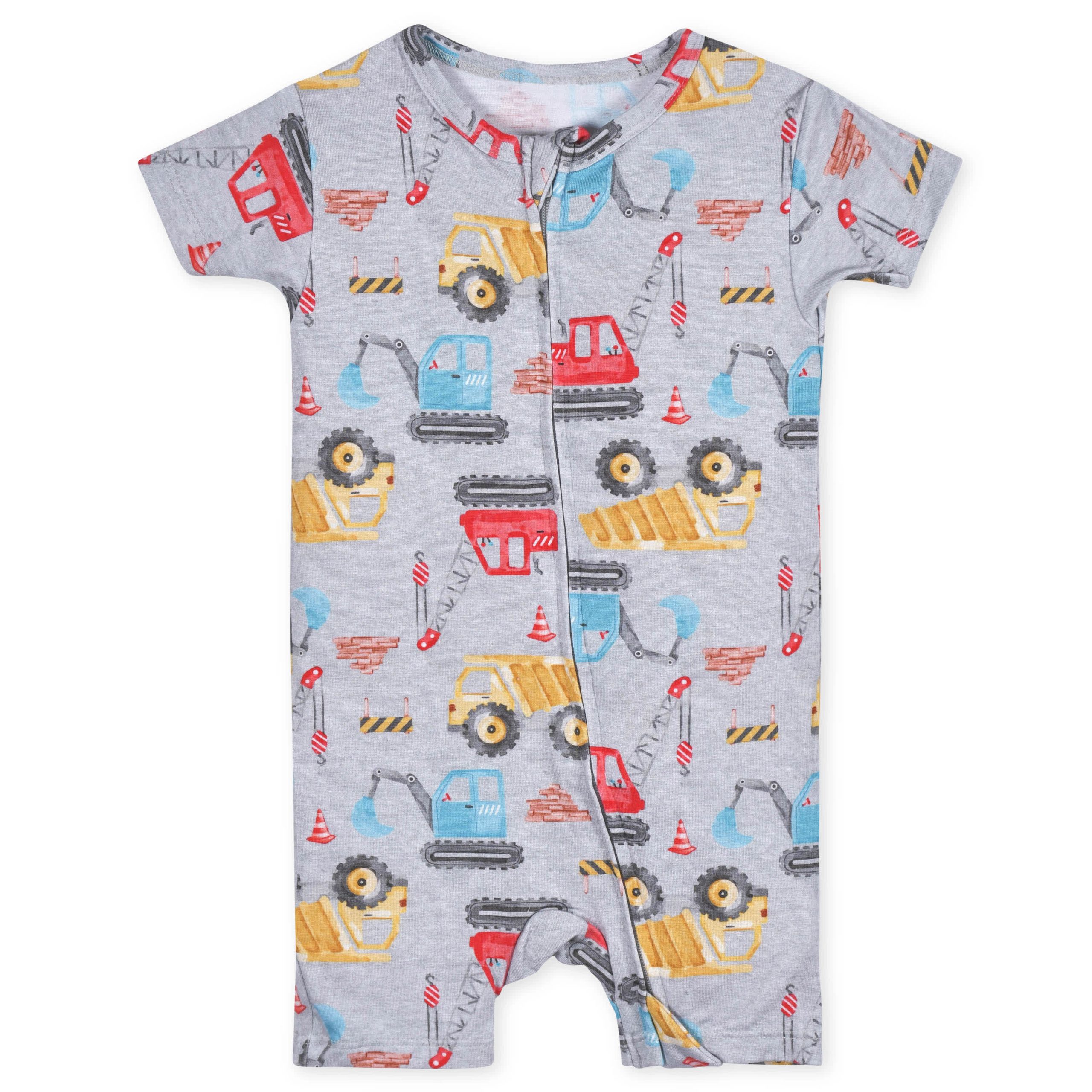 Baby Boys Construction Trucks Buttery Soft Viscose Made from Eucalyptus Snug Fit Romper - Image 2