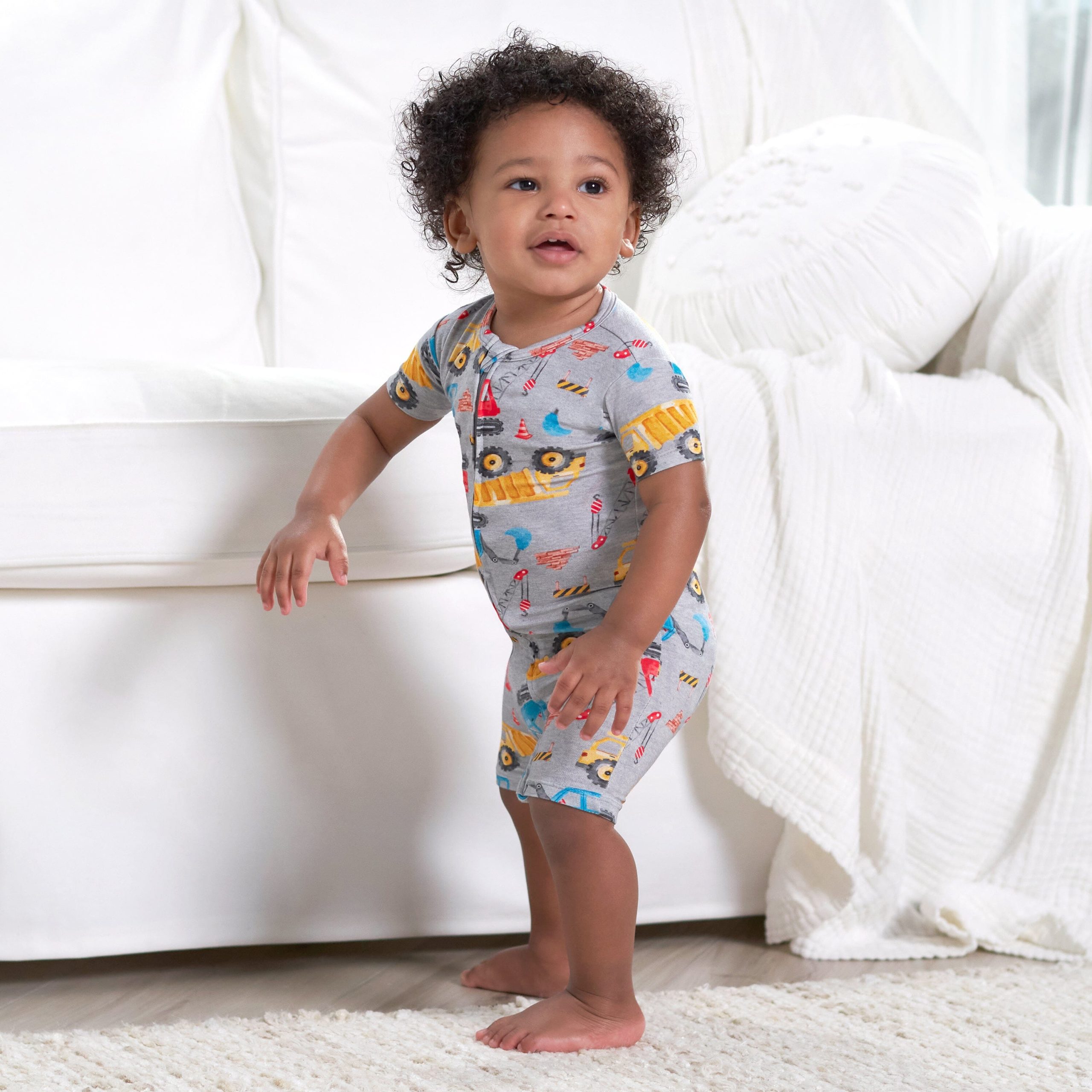 Baby Boys Construction Trucks Buttery Soft Viscose Made from Eucalyptus Snug Fit Romper - Image 3