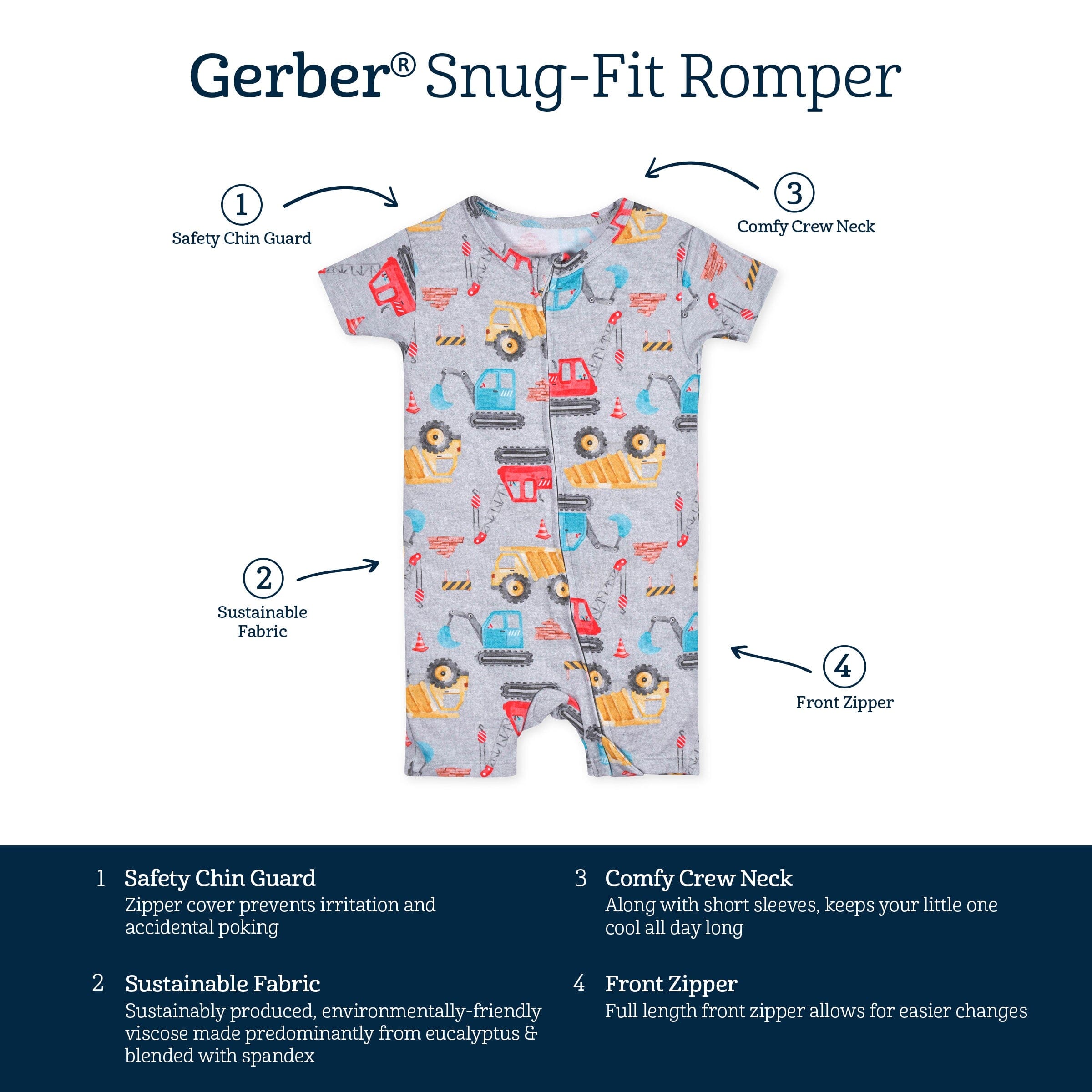 Baby Boys Construction Trucks Buttery Soft Viscose Made from Eucalyptus Snug Fit Romper - Image 8