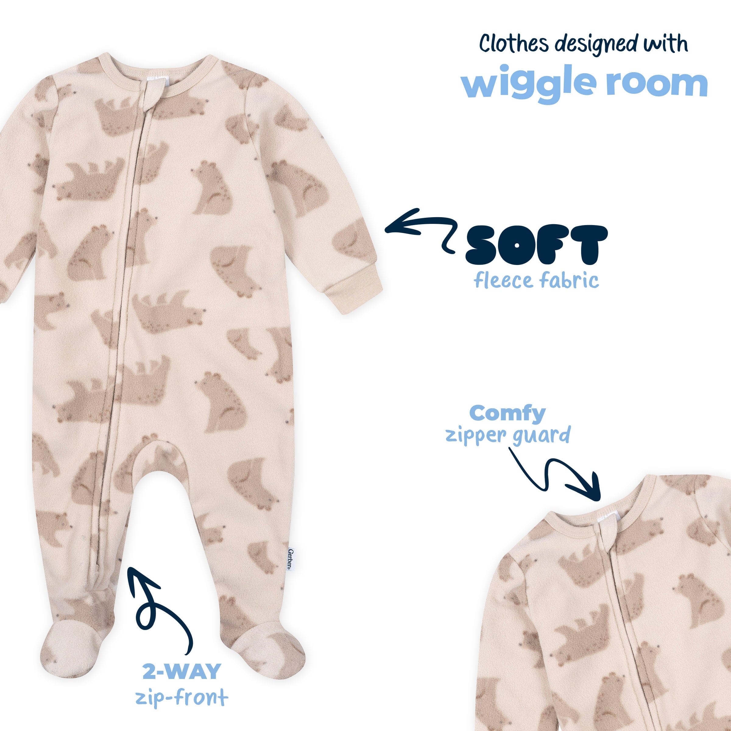 3-Pack Baby & Toddler Neutral Bears Footed Fleece Pajamas - Image 7